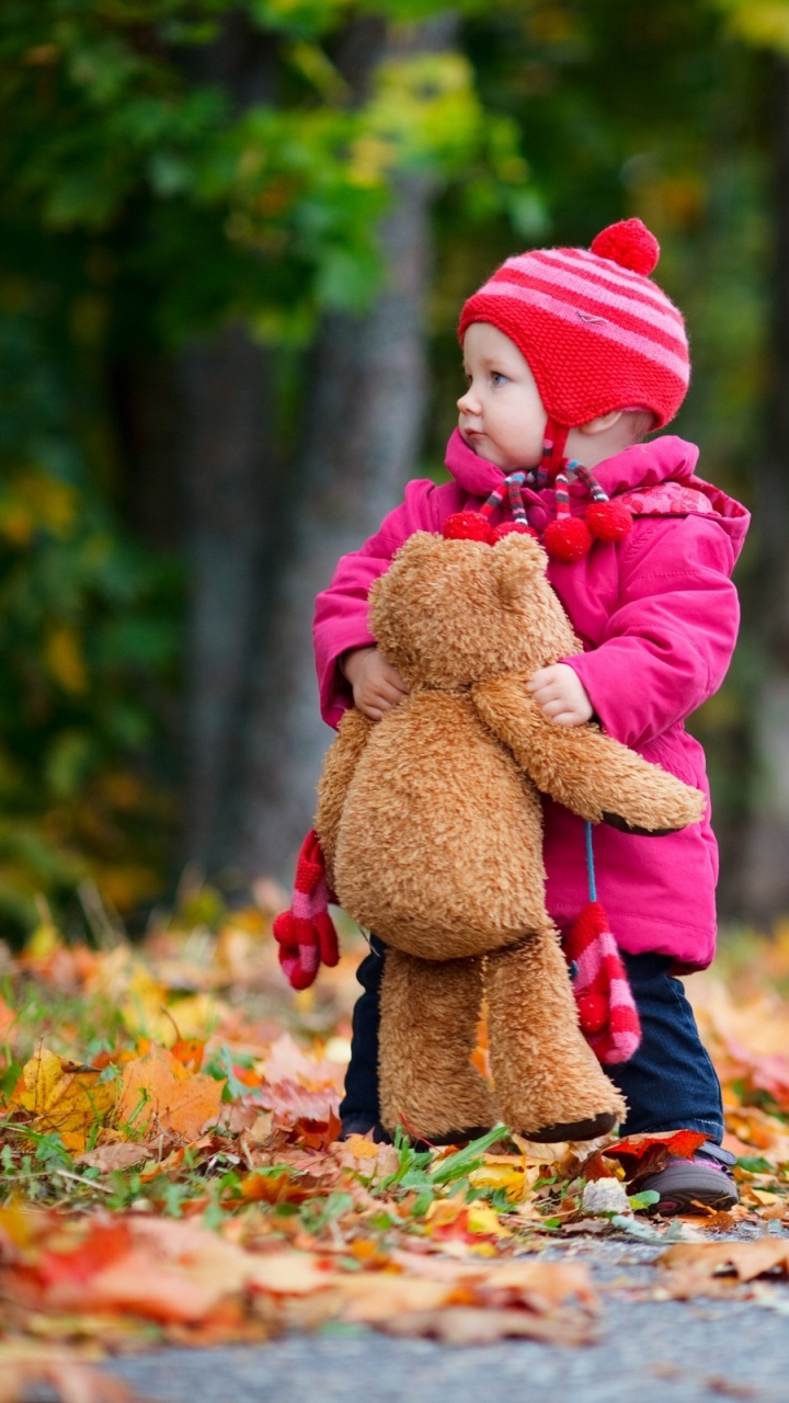 Herbst, Baum, Kind, BL, Teddybär. Wallpaper in 720x1280 Resolution