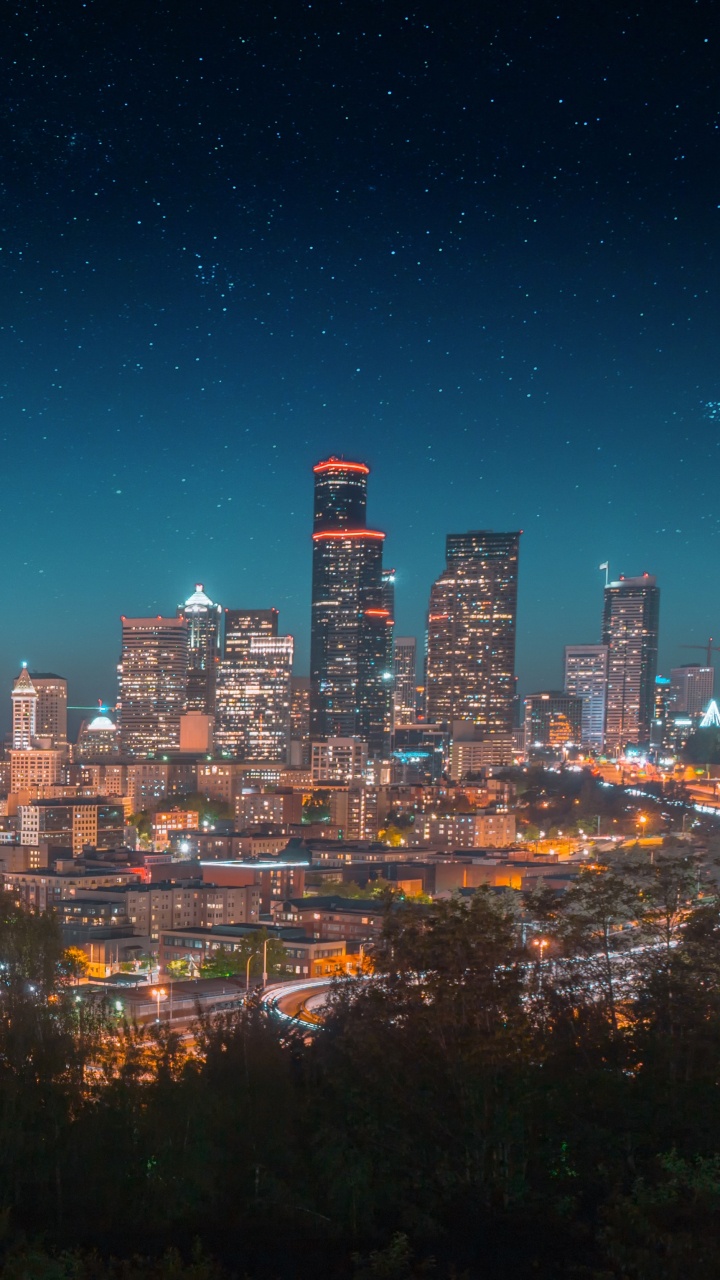 Ville Avec Des Immeubles de Grande Hauteur Pendant la Nuit. Wallpaper in 720x1280 Resolution