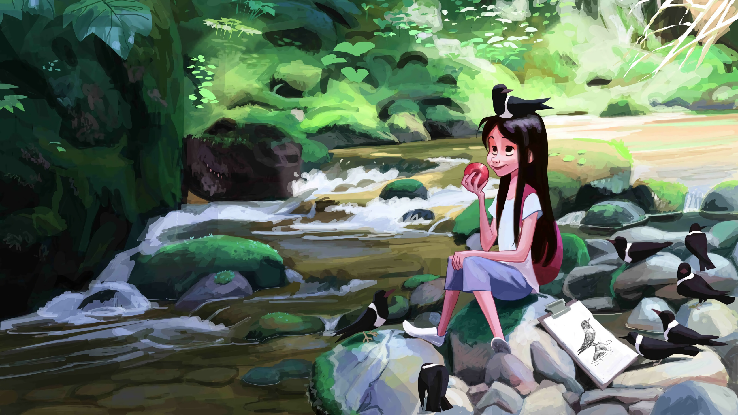 Frau im Roten Kleid Sitzt Auf Einem Felsen in Der Nähe Des Flusses. Wallpaper in 2560x1440 Resolution