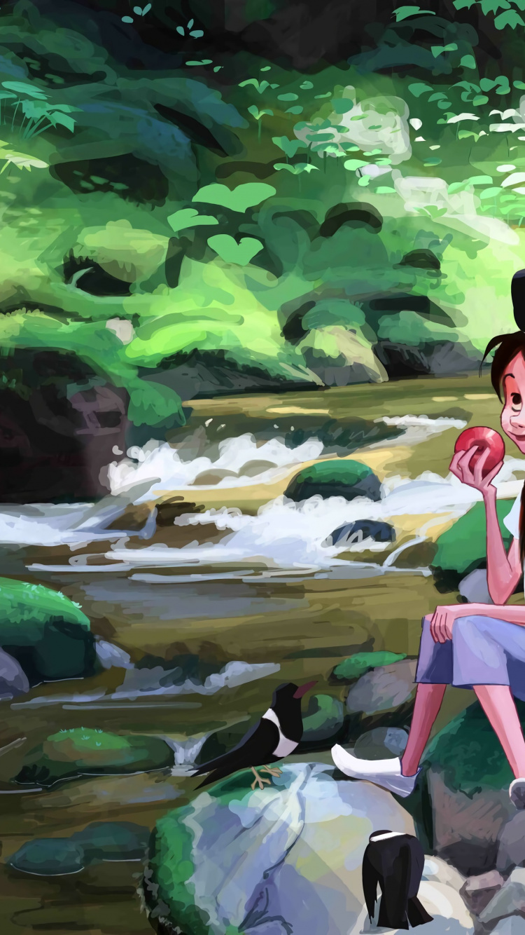 Frau im Roten Kleid Sitzt Auf Einem Felsen in Der Nähe Des Flusses. Wallpaper in 750x1334 Resolution