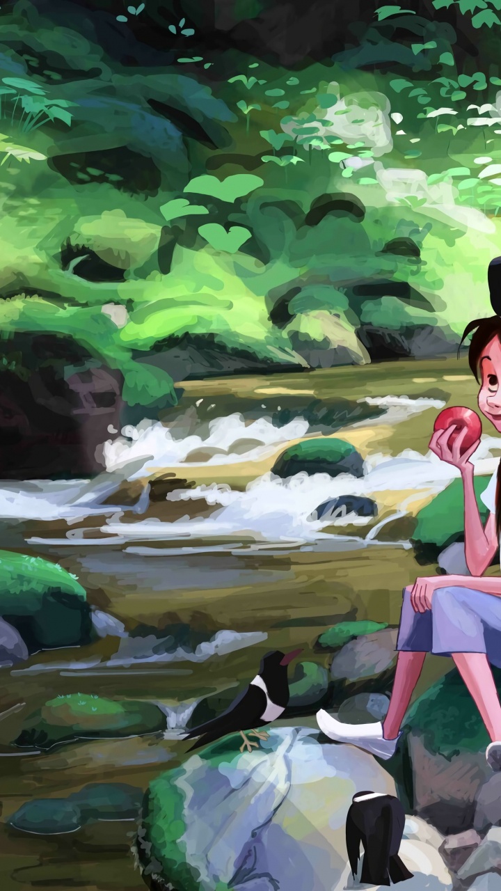 Mujer en Vestido Rojo Sentada Sobre Una Roca Cerca Del Río. Wallpaper in 720x1280 Resolution