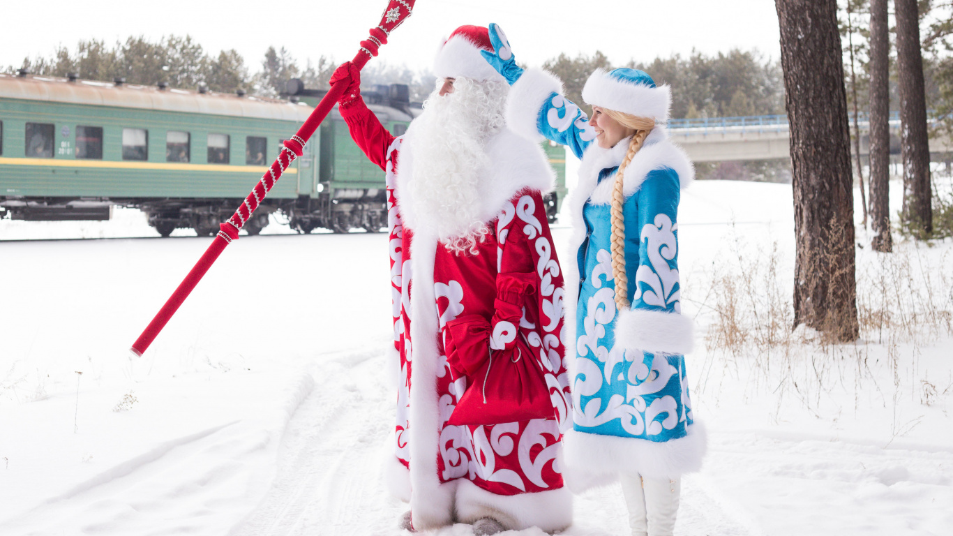 Hiver, Ded Moroz, Snegourotchka, Santa Claus, Le Jour De Noël. Wallpaper in 1366x768 Resolution