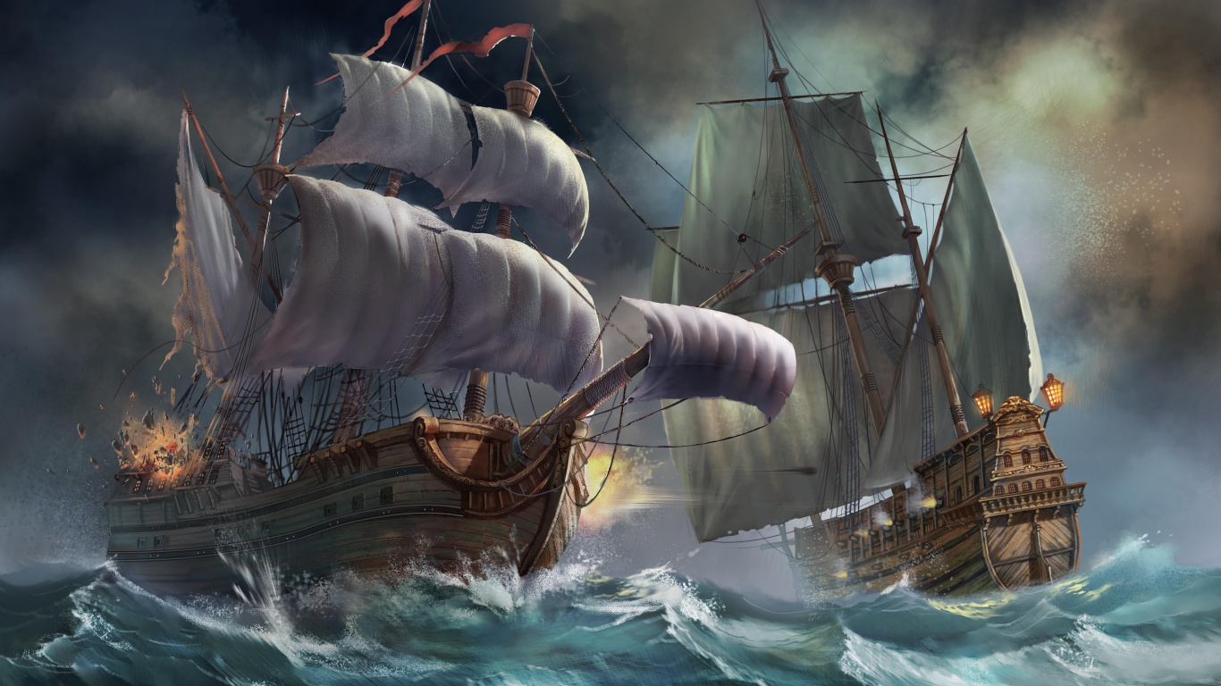 Braunes Und Weißes Segelschiff Auf Dem Wasser. Wallpaper in 1366x768 Resolution