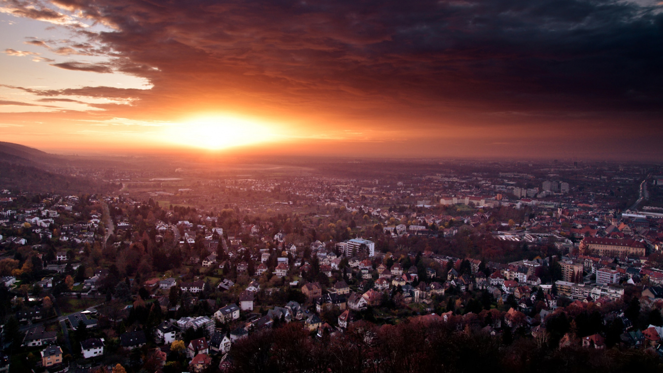 Aerial View of City During Sunset. Wallpaper in 1366x768 Resolution