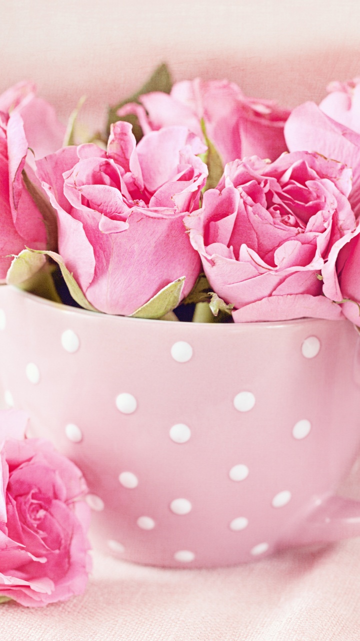 Rosa Rosen Auf Weißer Und Schwarzer Gepunkteter Keramik-Teetasse. Wallpaper in 720x1280 Resolution
