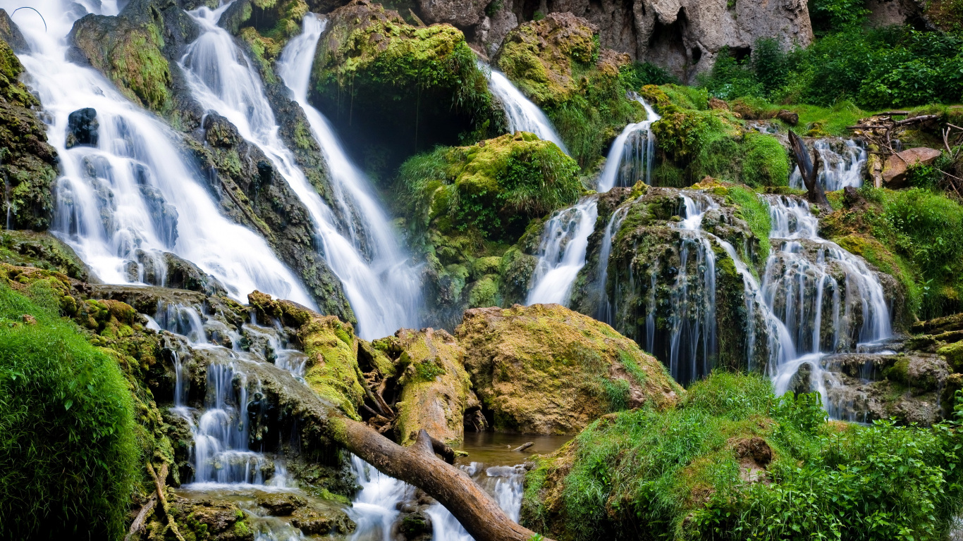 Water Falls on Brown Wooden Log. Wallpaper in 1366x768 Resolution