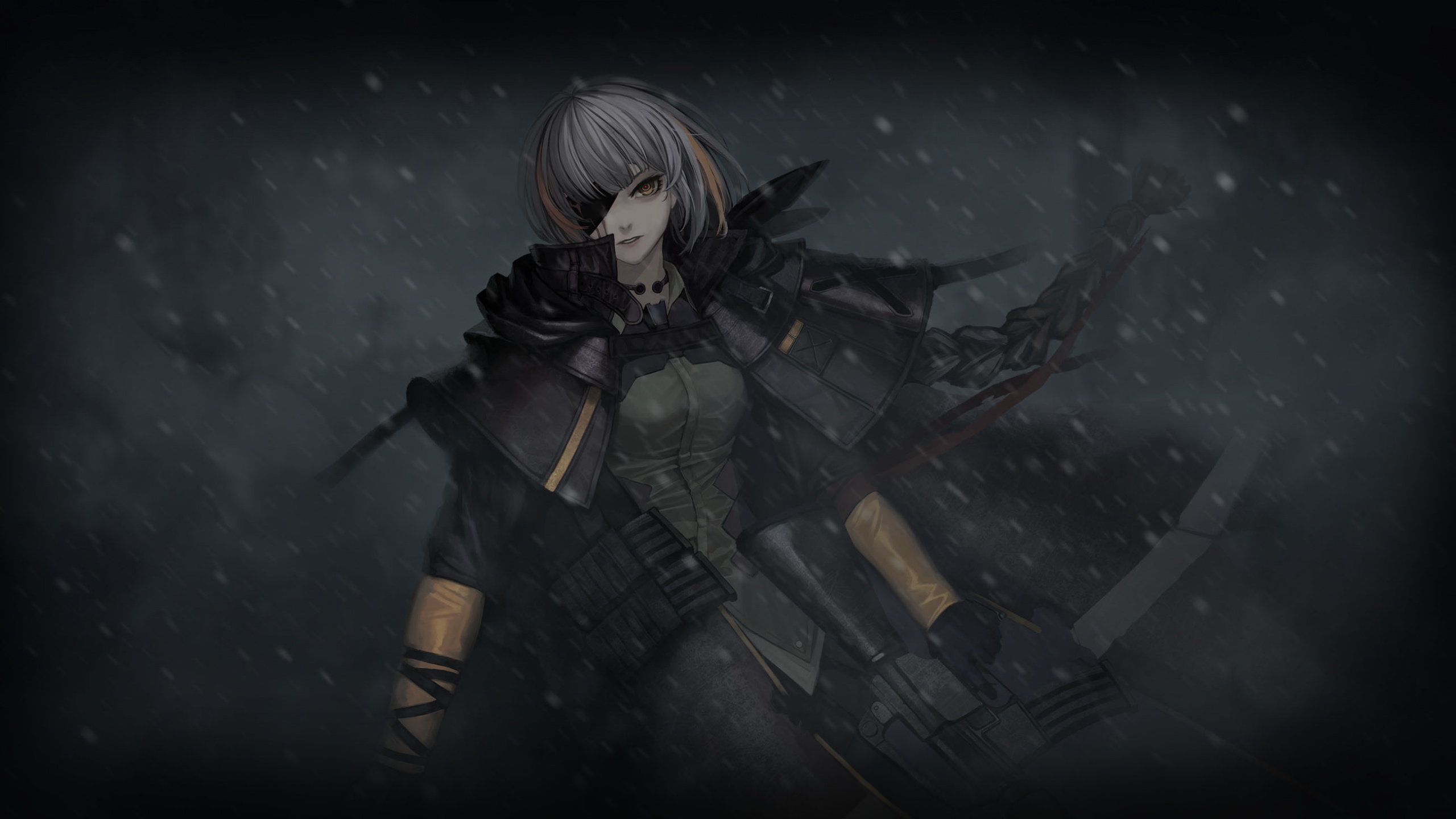 Frau im Schwarzen Mantel Mit Schwarzer Gewehrillustration. Wallpaper in 2560x1440 Resolution