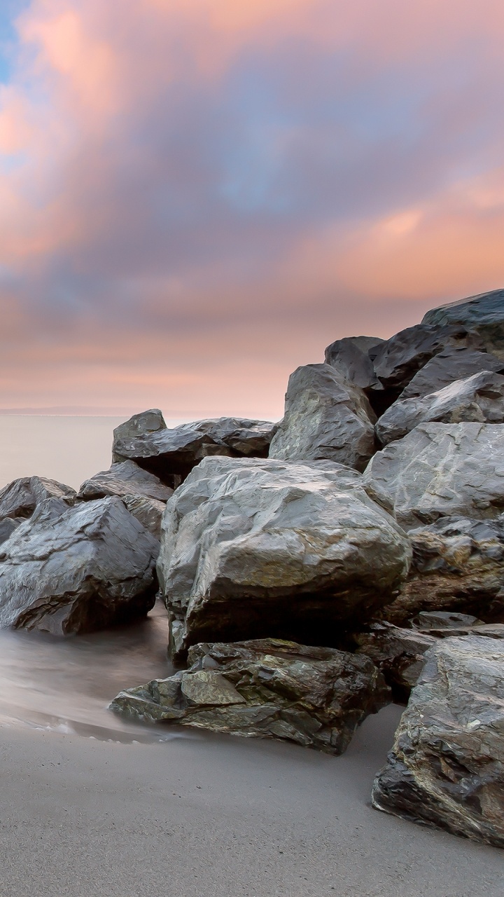 Gray Rocks on Seashore During Sunset. Wallpaper in 720x1280 Resolution