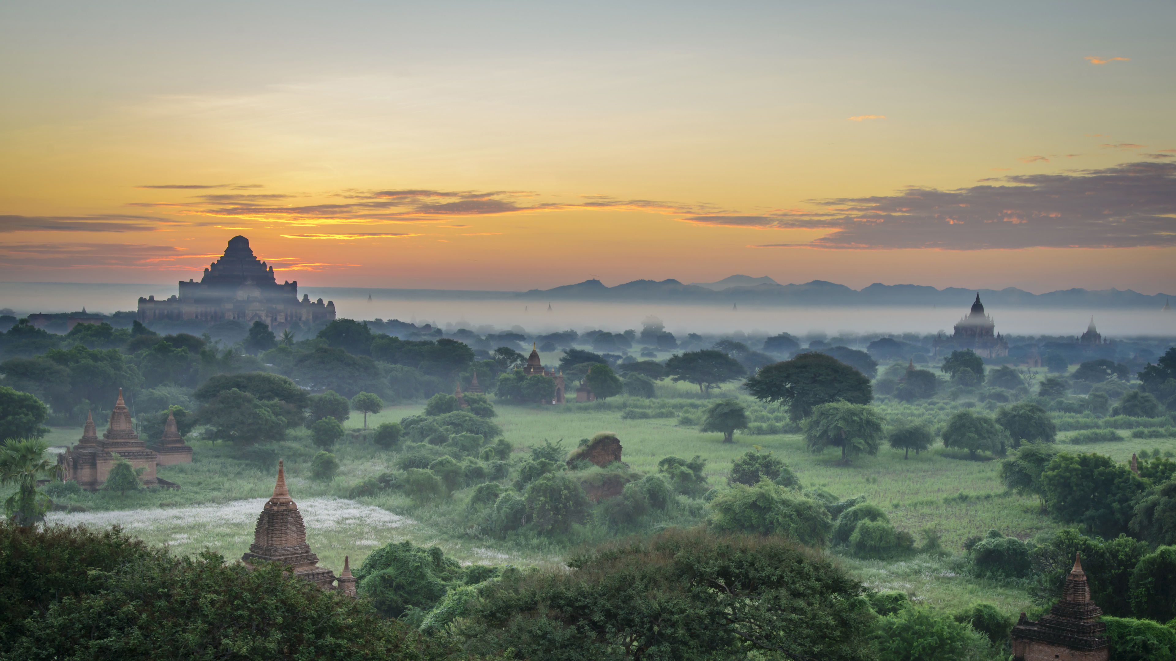 性质, 早上, 日出, 寺庙, 气氛 壁纸 3840x2160 允许