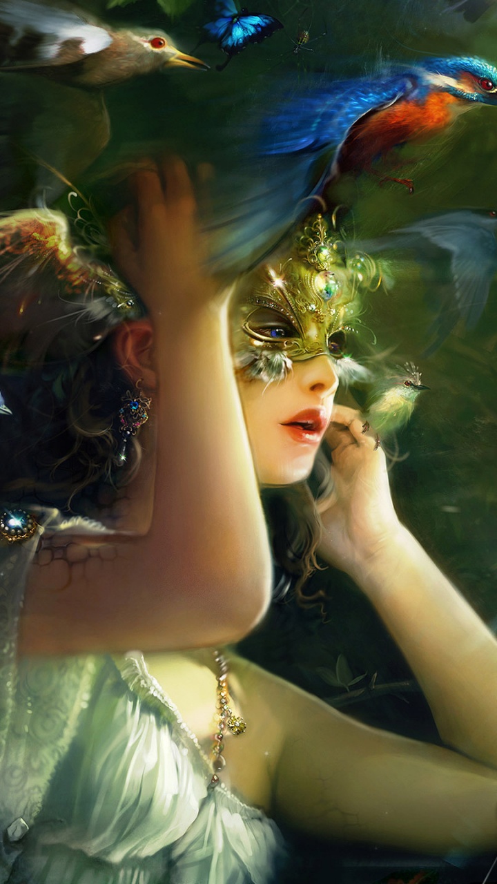 Femme en Robe Blanche Tenant un Oiseau Bleu. Wallpaper in 720x1280 Resolution