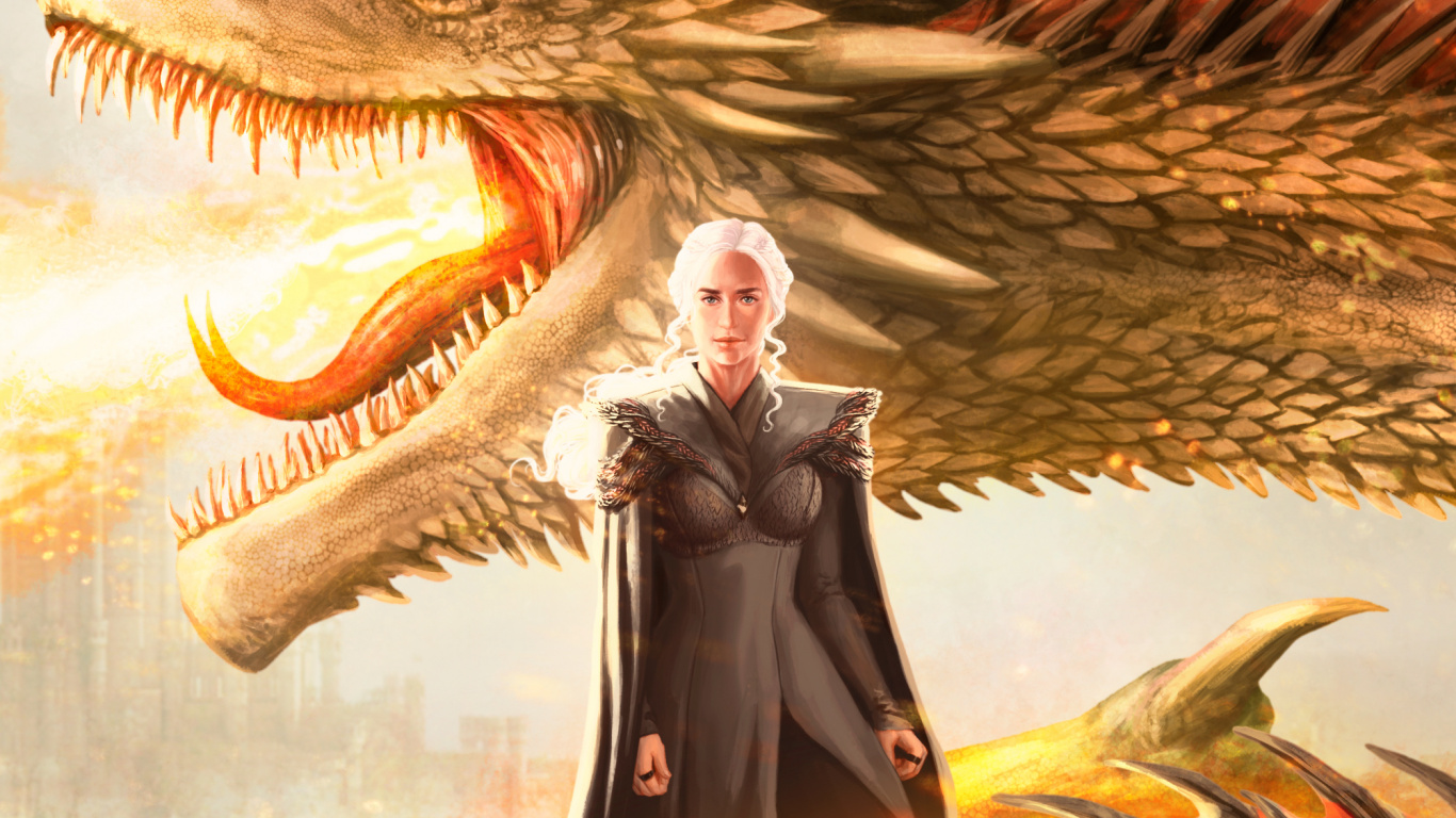 Femme en Robe Noire Debout à Côté de Dragon. Wallpaper in 1366x768 Resolution