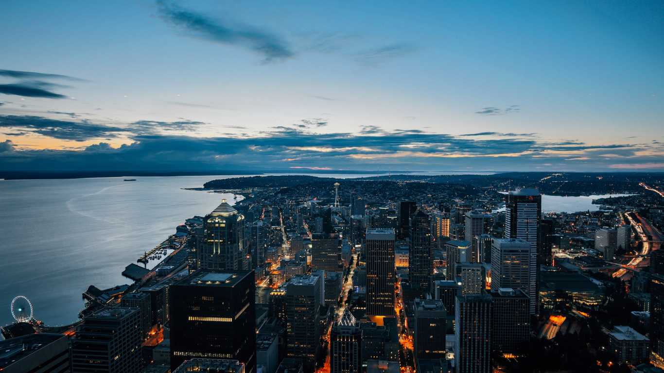 City Skyline Near Body of Water During Night Time. Wallpaper in 1366x768 Resolution