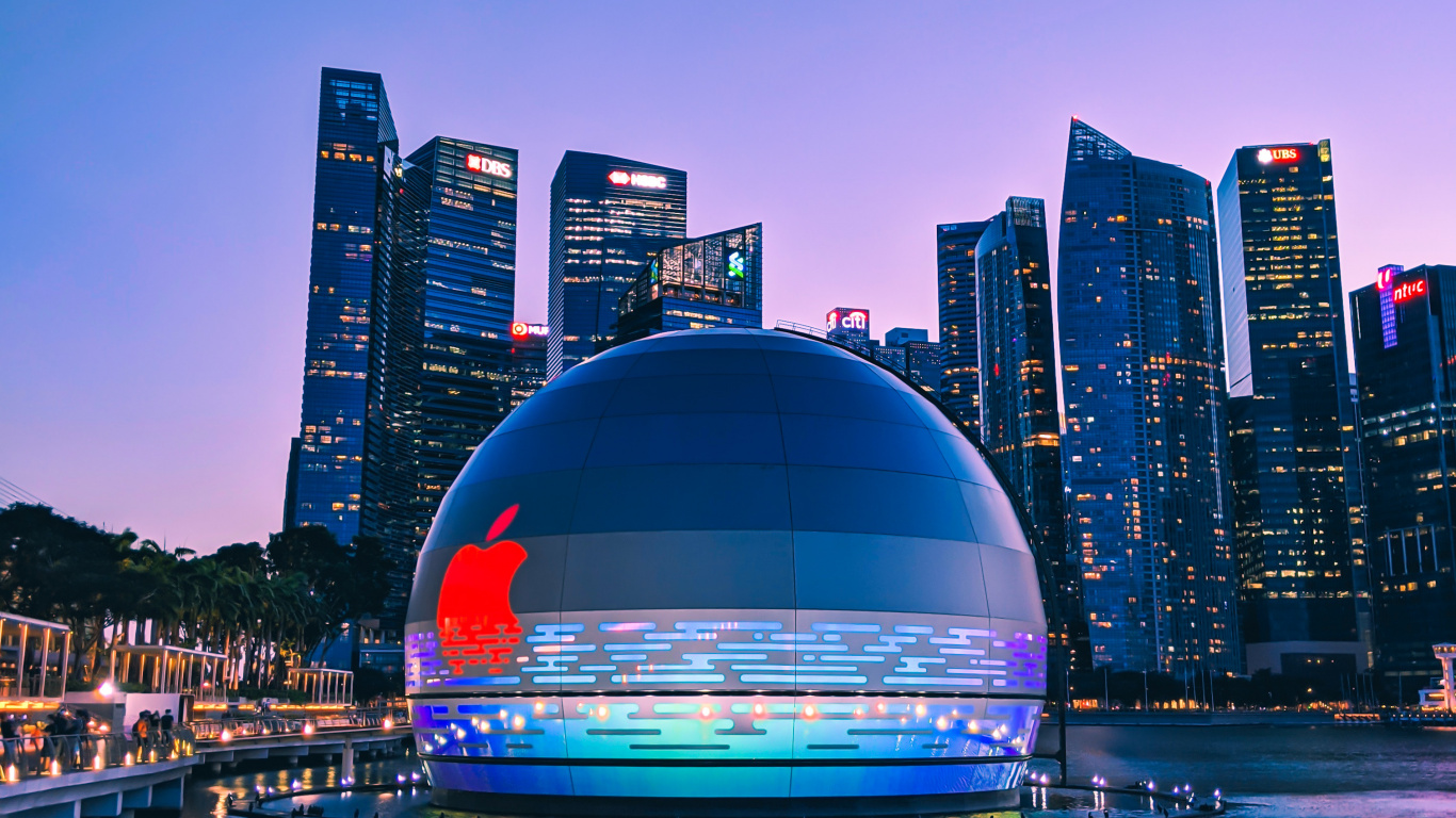 Apple Marina Bay Sands, El Marina Bay Sands De Singapur, Manzana, Airpods Pro, Bahía Marina. Wallpaper in 1366x768 Resolution
