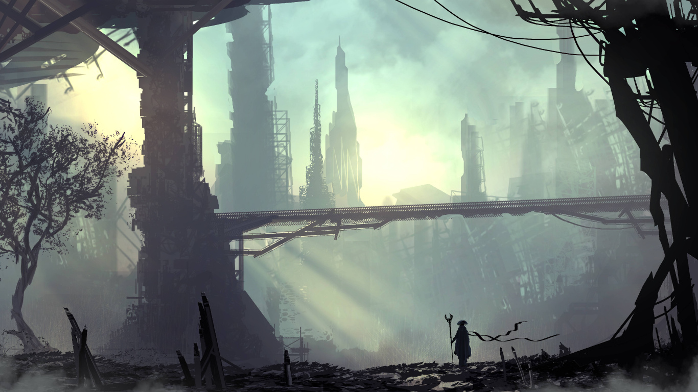 Cyberpunk, Arte, la Ciencia Ficción, Agua, Ambiente. Wallpaper in 1366x768 Resolution