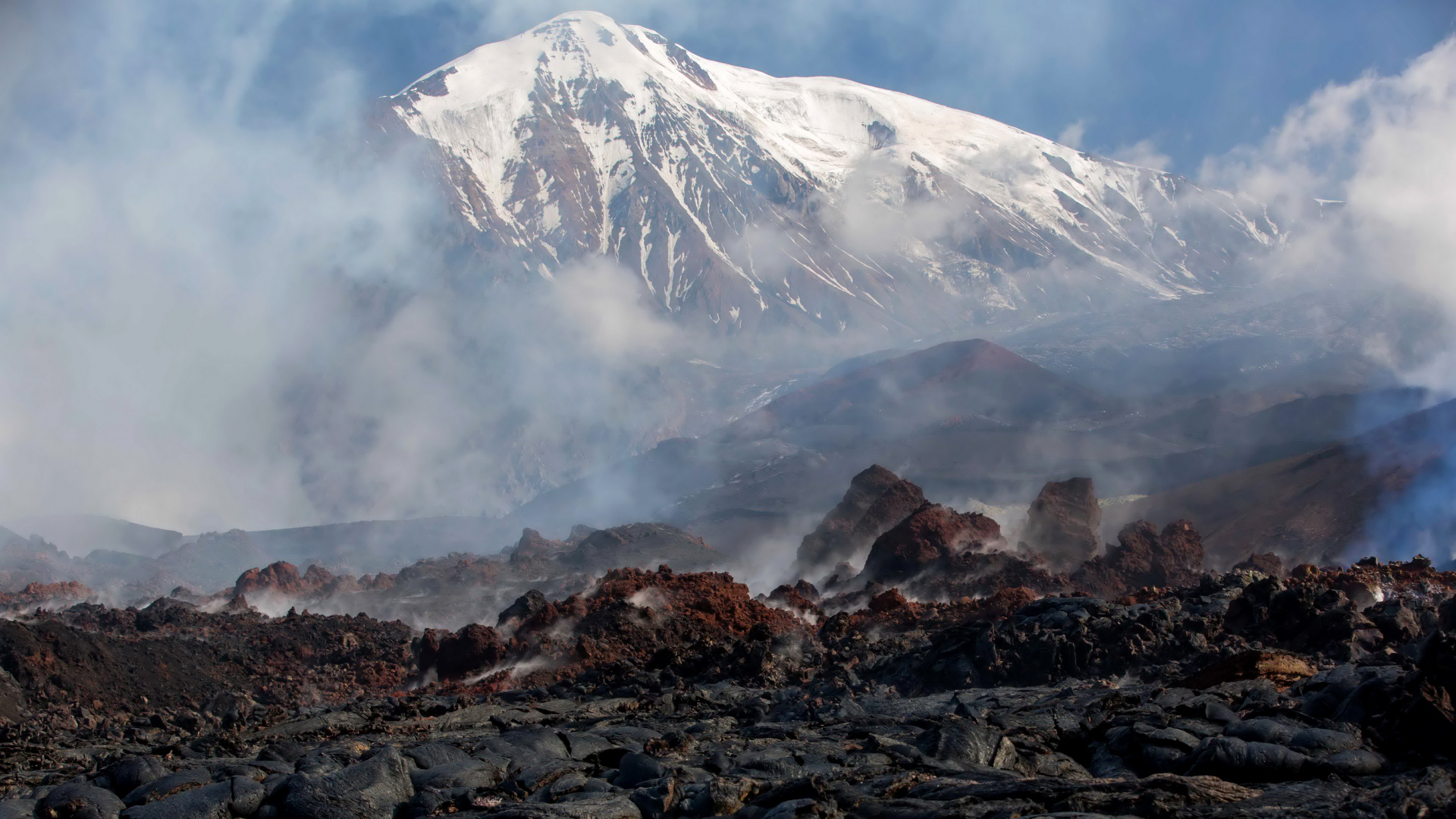 堪察加半岛的火山, 山脉, 高地, 山站, 山区河流 壁纸 1920x1080 允许