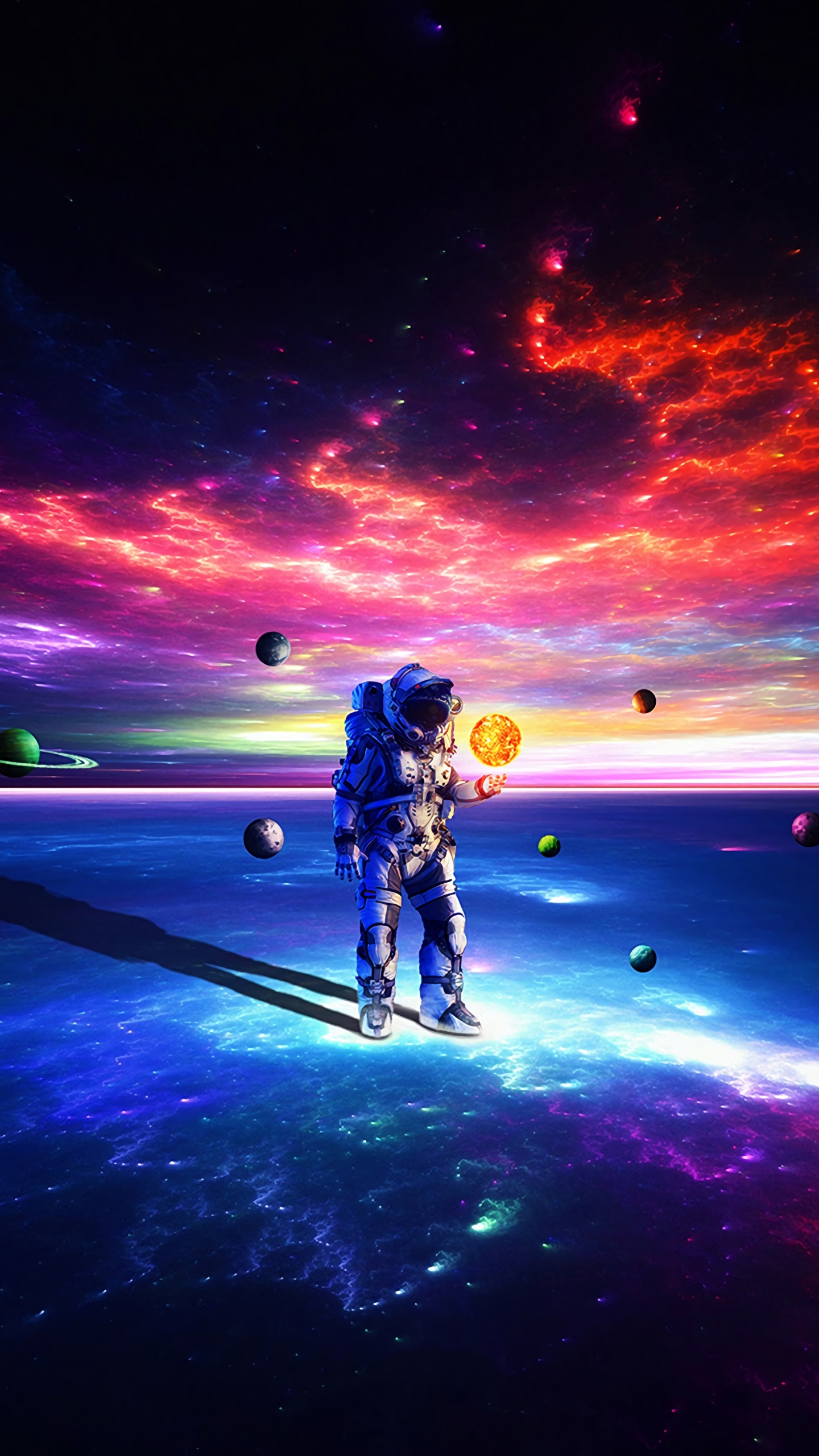 宇航员, 外层空间, 空间适应, 光, 地平线 壁纸 1440x2560 允许