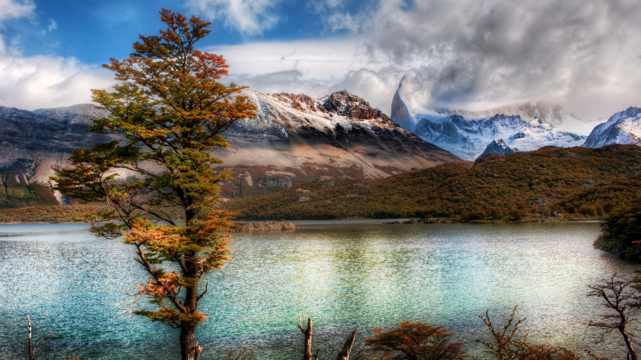 Brown Trees Near Lake and Mountains Under White Clouds and Blue Sky During Daytime. Wallpaper in 1280x720 Resolution