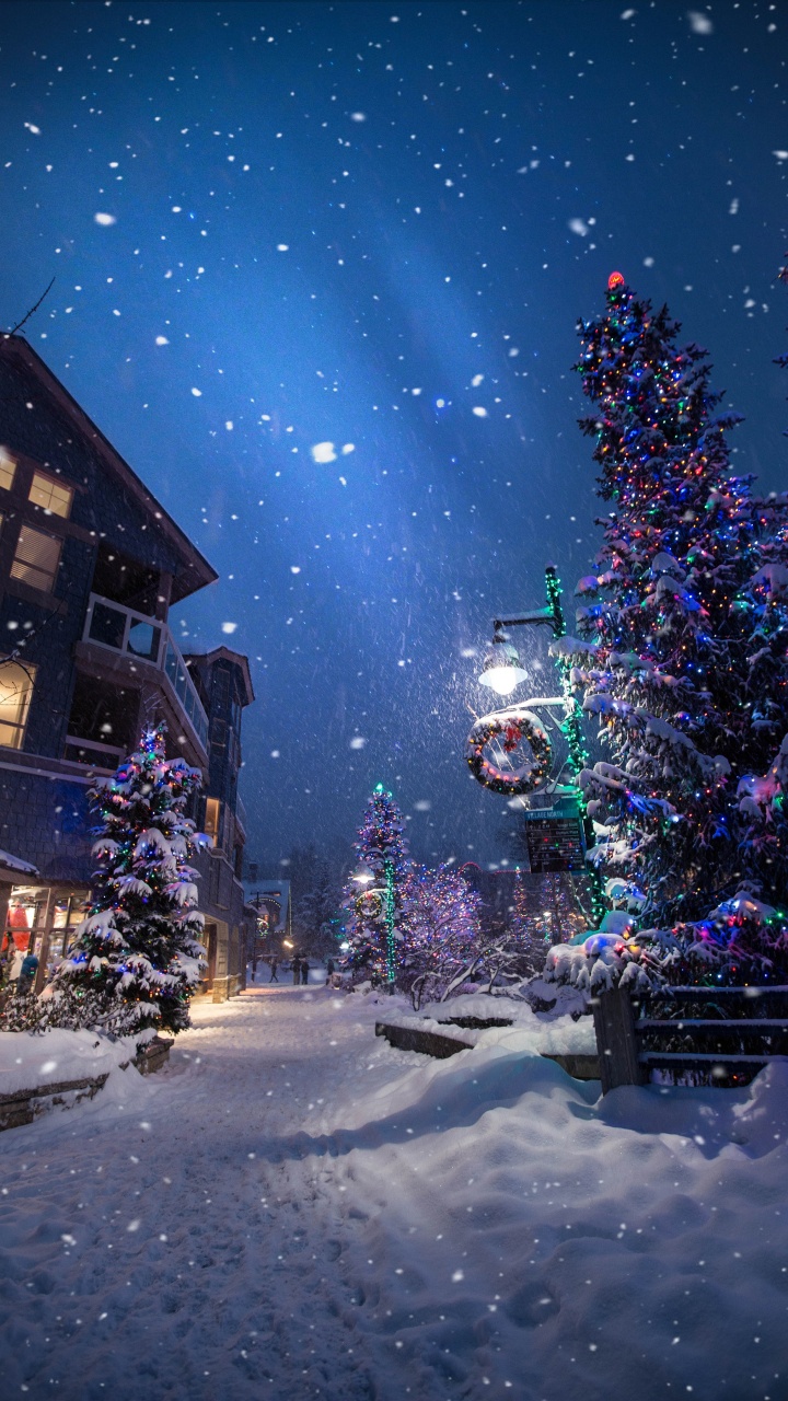 Weihnachten, Weihnachtsbaum, Winter, Schnee, Nacht. Wallpaper in 720x1280 Resolution