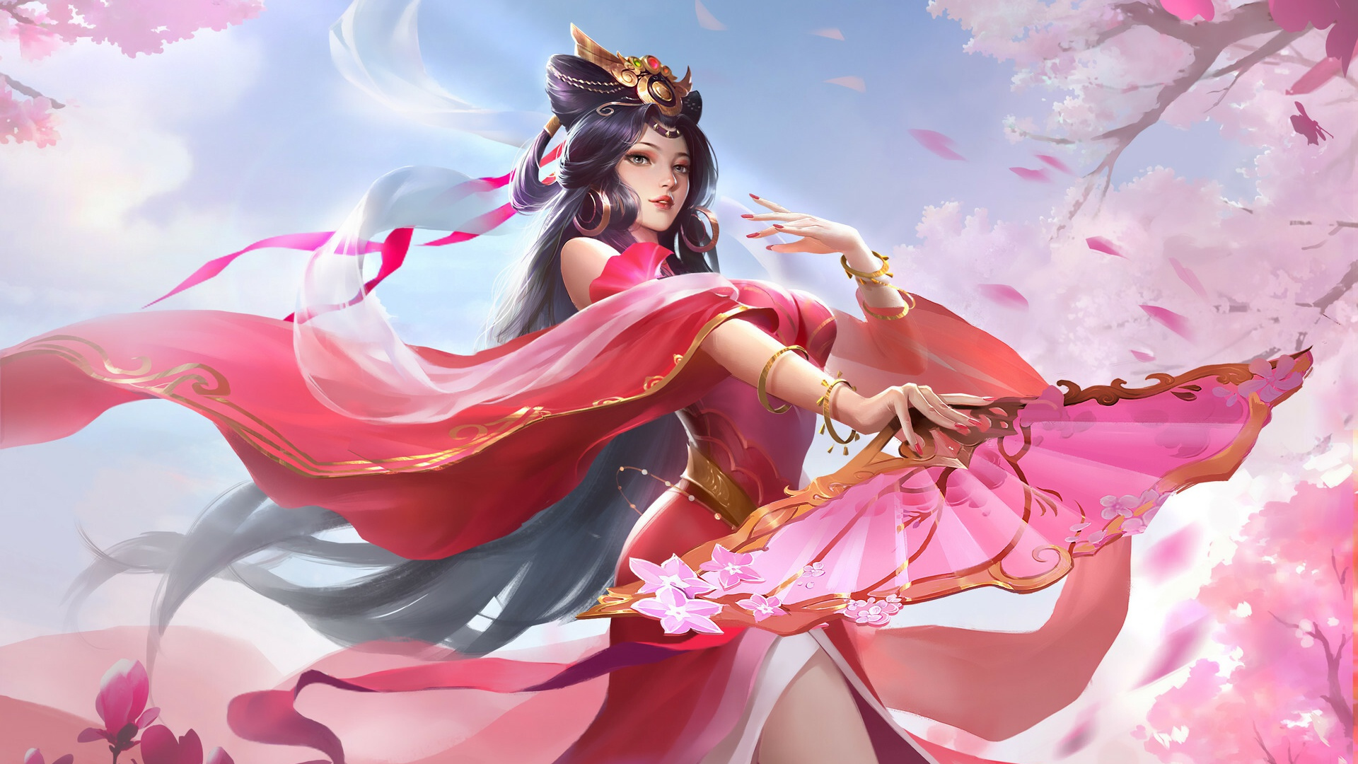 Woman in Pink and Gold Dress Anime Character. Wallpaper in 1920x1080 Resolution