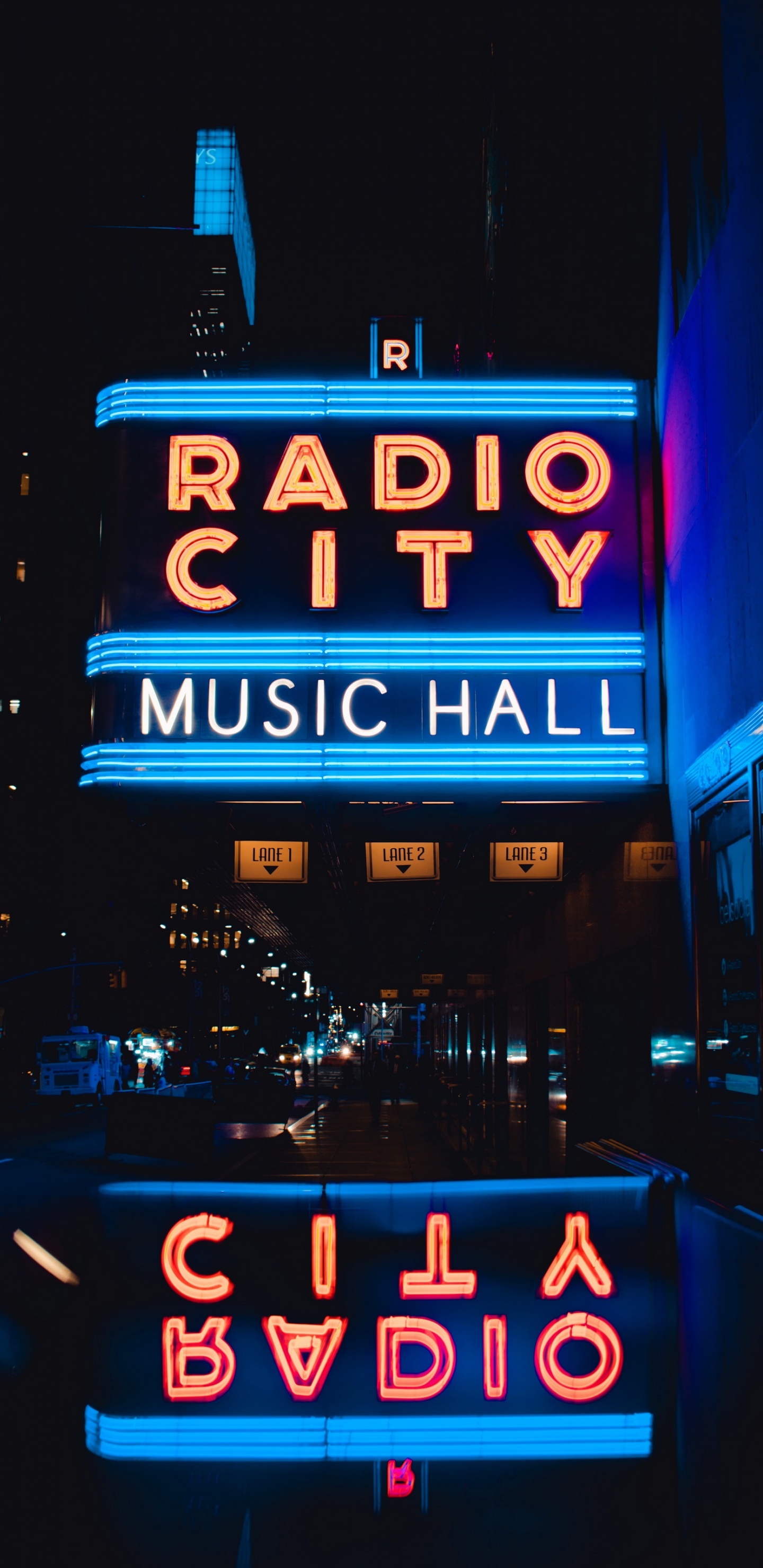 Rockefeller Center, Radio City Music Hall, Neon Sign, Text, Building. Wallpaper in 1440x2960 Resolution