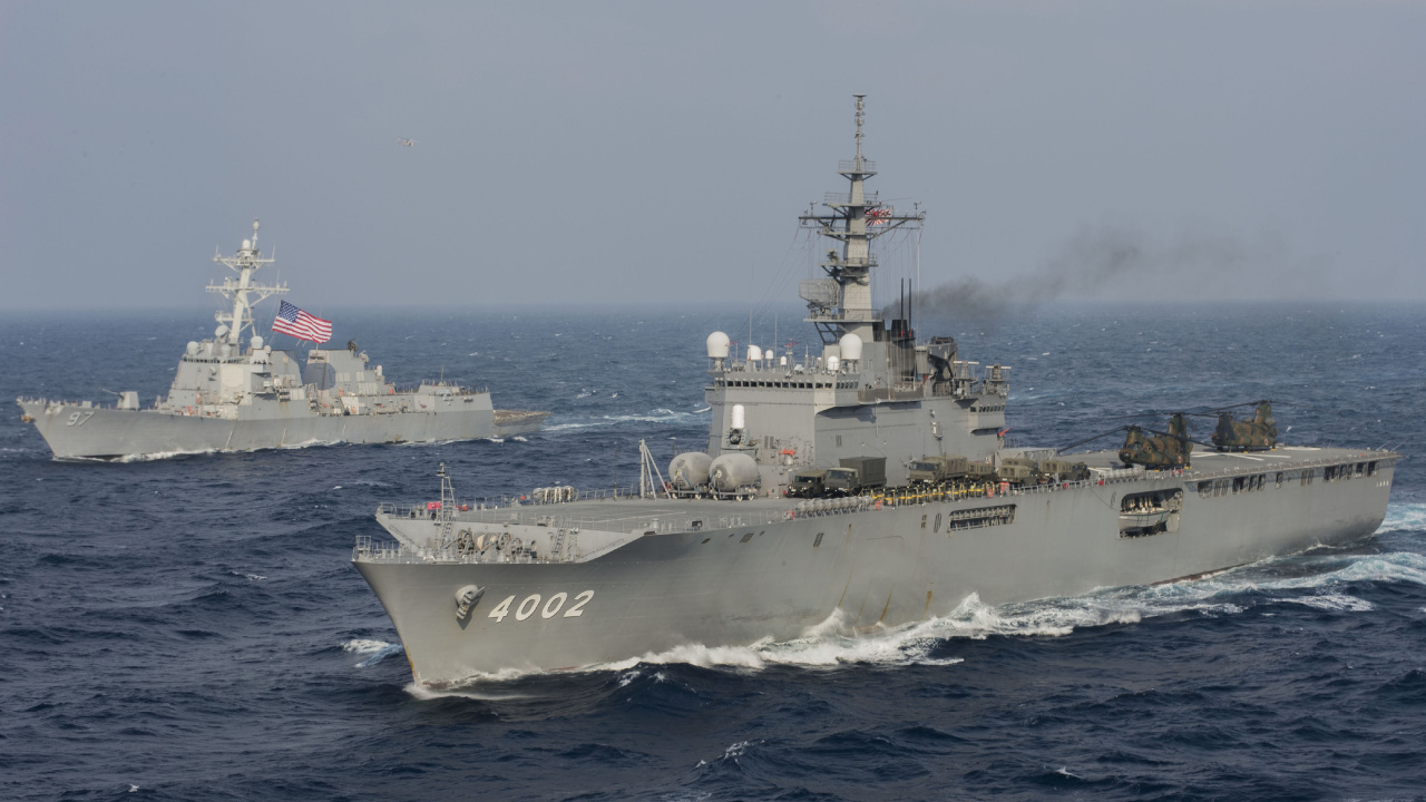 USS Halsey DDG-97, Japan Maritime Self-Defense Force, JS Shimokita, Warship, Navy. Wallpaper in 1280x720 Resolution
