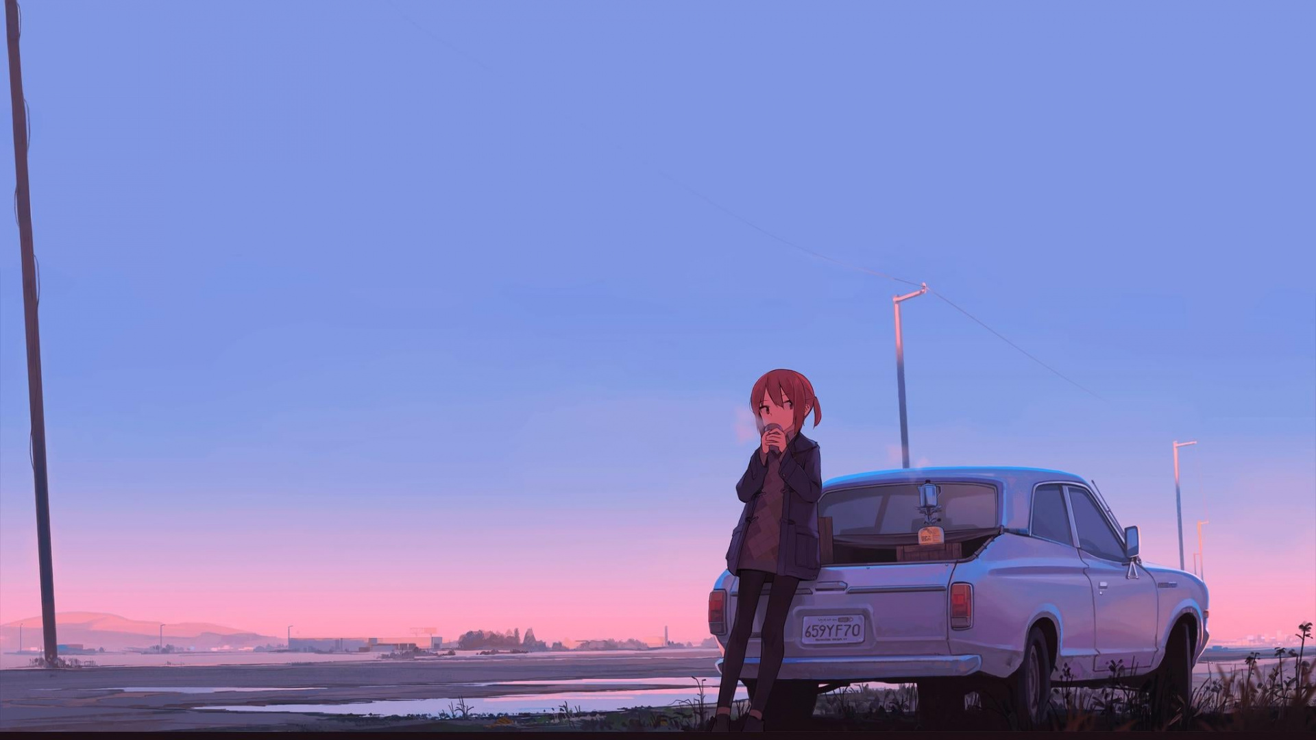 Anime, Anime-Mädchen Mit Auto, Car, Anime-Kunst, Tire. Wallpaper in 1920x1080 Resolution
