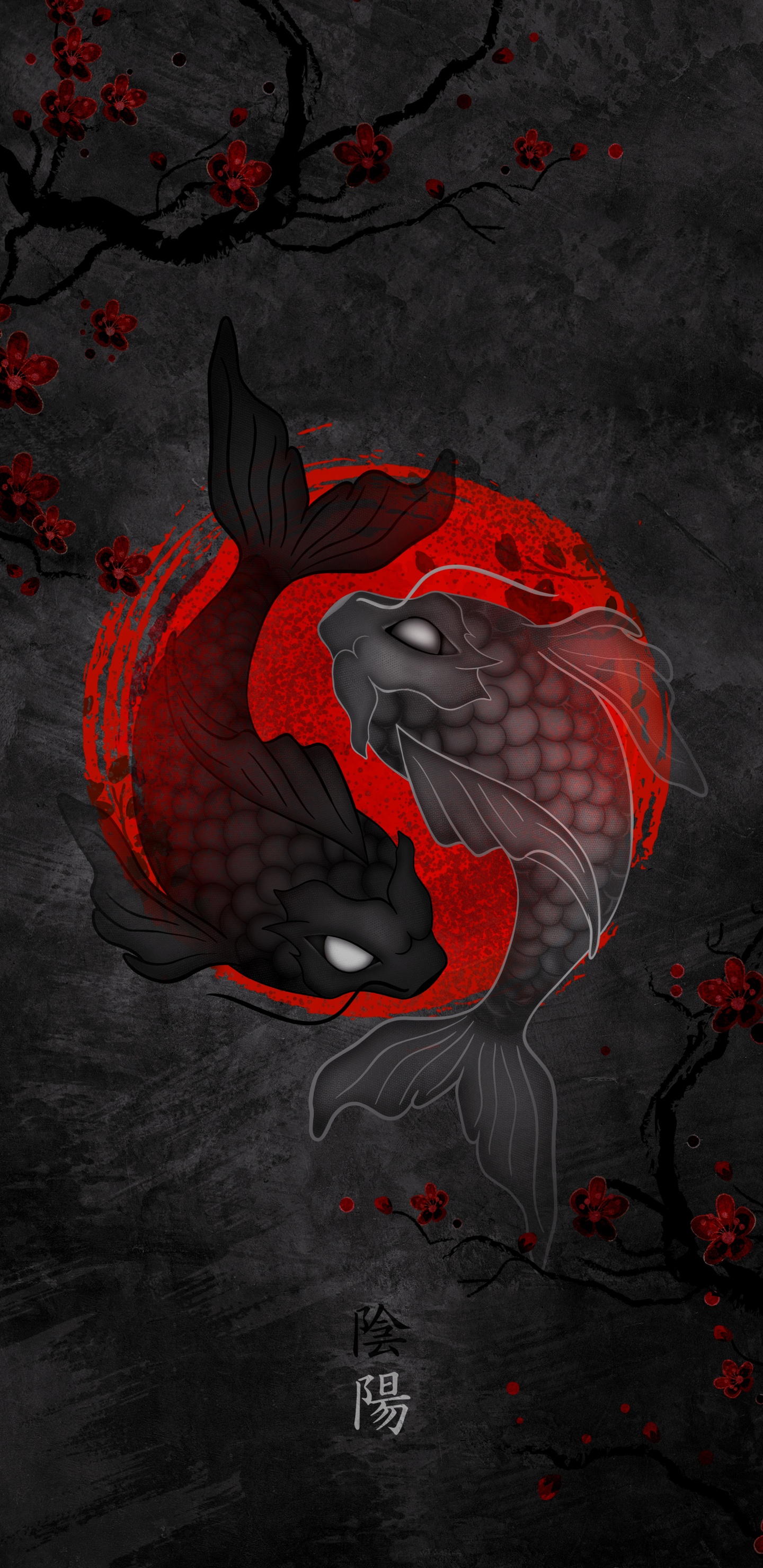 Koi, Fish, Japan, Grey, Art. Wallpaper in 1440x2960 Resolution