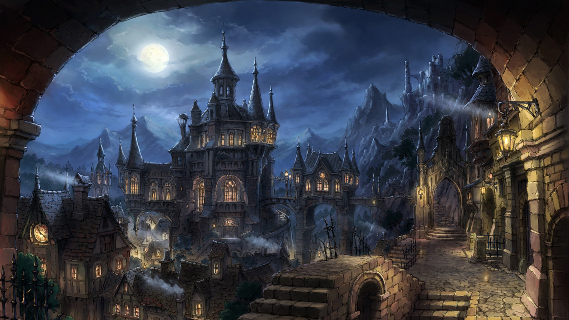 Blue and White Castle Painting. Wallpaper in 1920x1080 Resolution