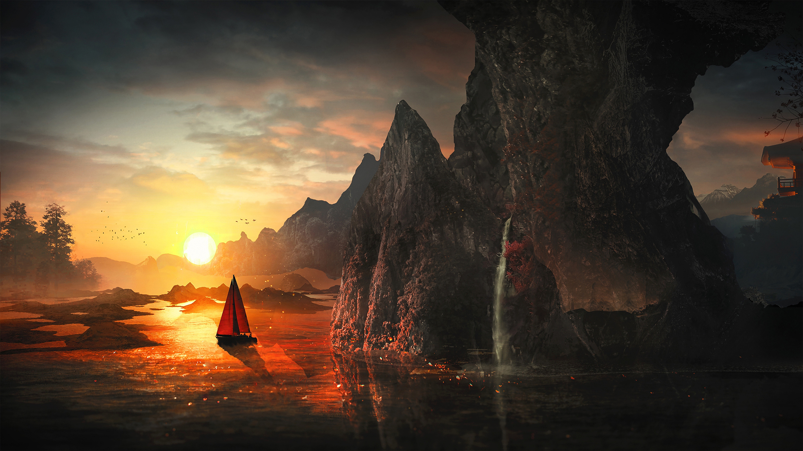 Silhouette of Person Standing on Body of Water Near Rock Formation During Sunset. Wallpaper in 2560x1440 Resolution