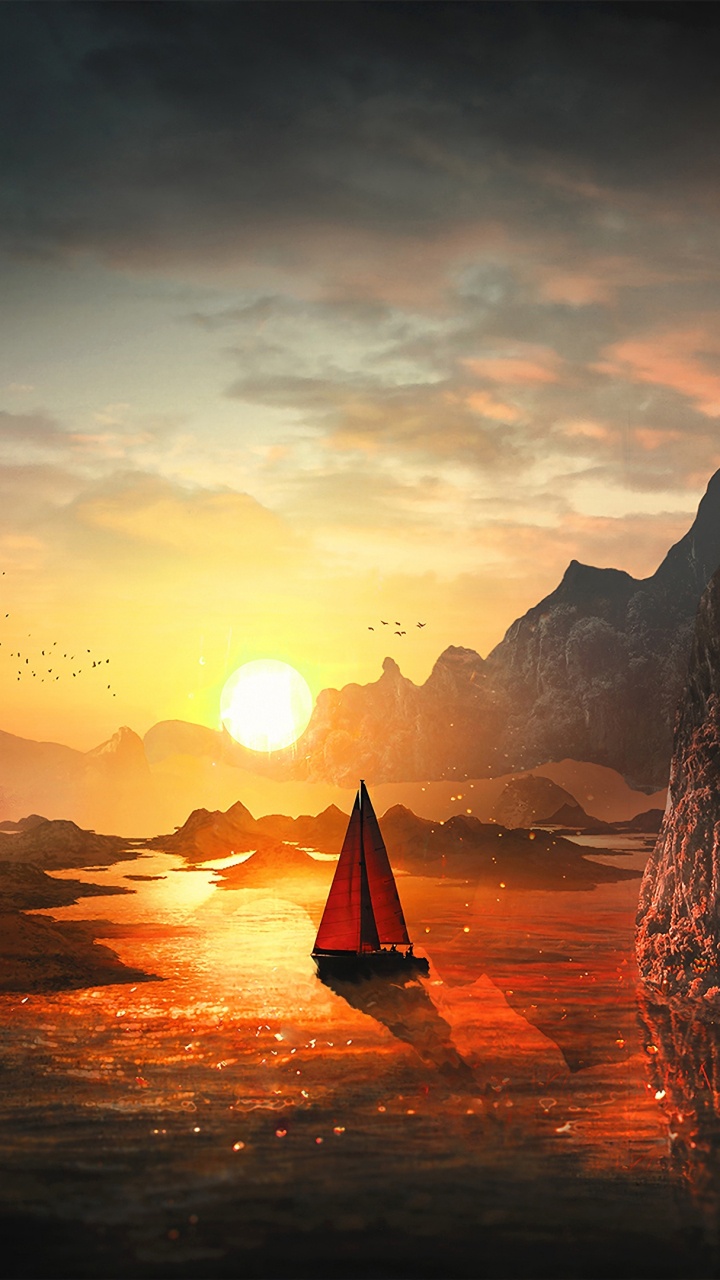 Silhouette of Person Standing on Body of Water Near Rock Formation During Sunset. Wallpaper in 720x1280 Resolution