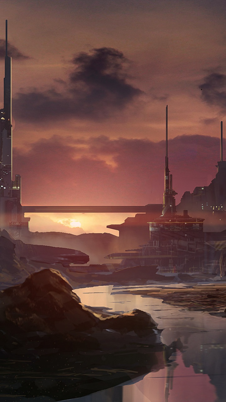 Torre Blanca y Negra Cerca Del Cuerpo de Agua Durante la Noche.. Wallpaper in 720x1280 Resolution