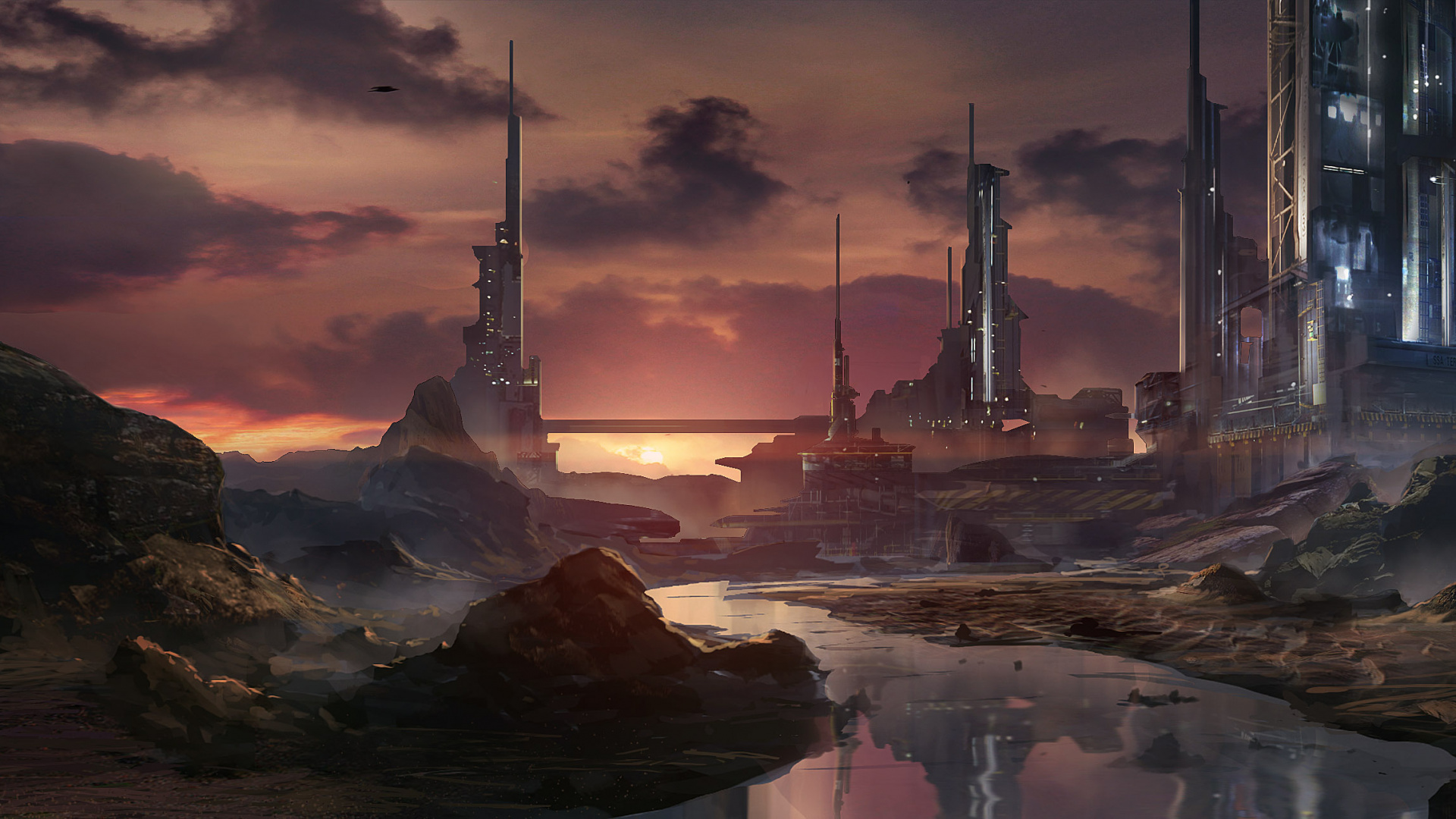 Weißer Und Schwarzer Turm in Der Nähe Eines Gewässers Während Der Nacht. Wallpaper in 1920x1080 Resolution