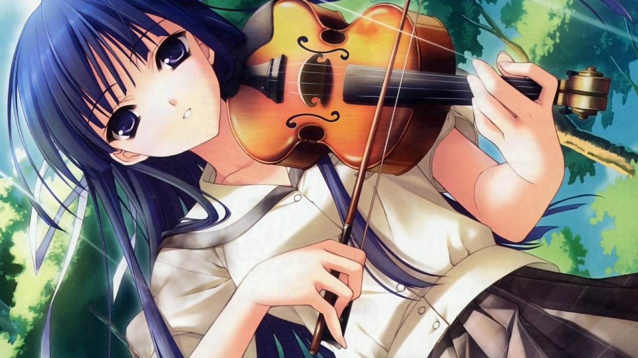 Schwarzhaarige Frau Spielt Violine Anime Charakter. Wallpaper in 1280x720 Resolution