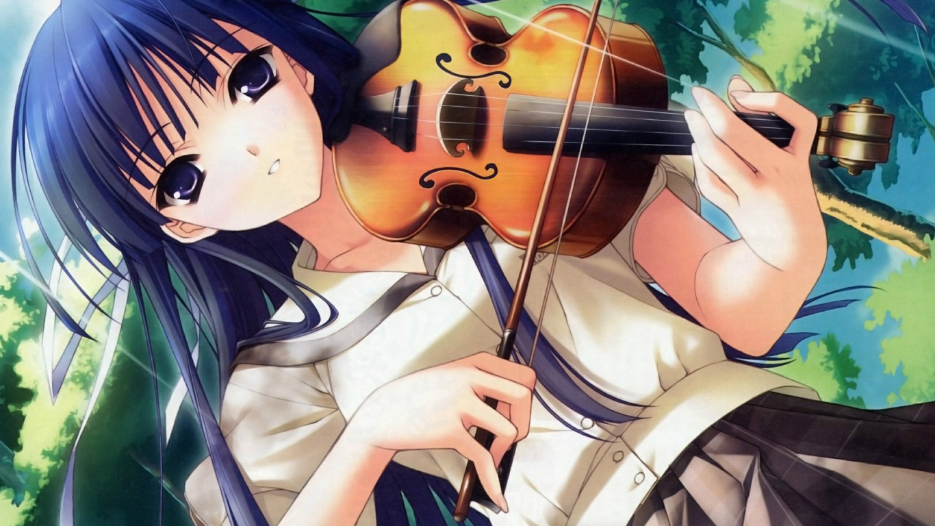 Schwarzhaarige Frau Spielt Violine Anime Charakter. Wallpaper in 1366x768 Resolution