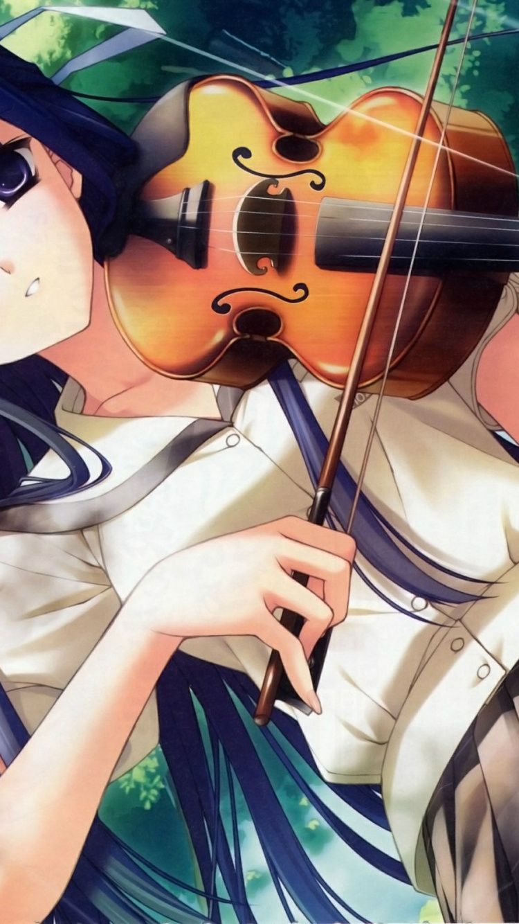 Black Haired Woman Playing Violin Anime Character. Wallpaper in 750x1334 Resolution