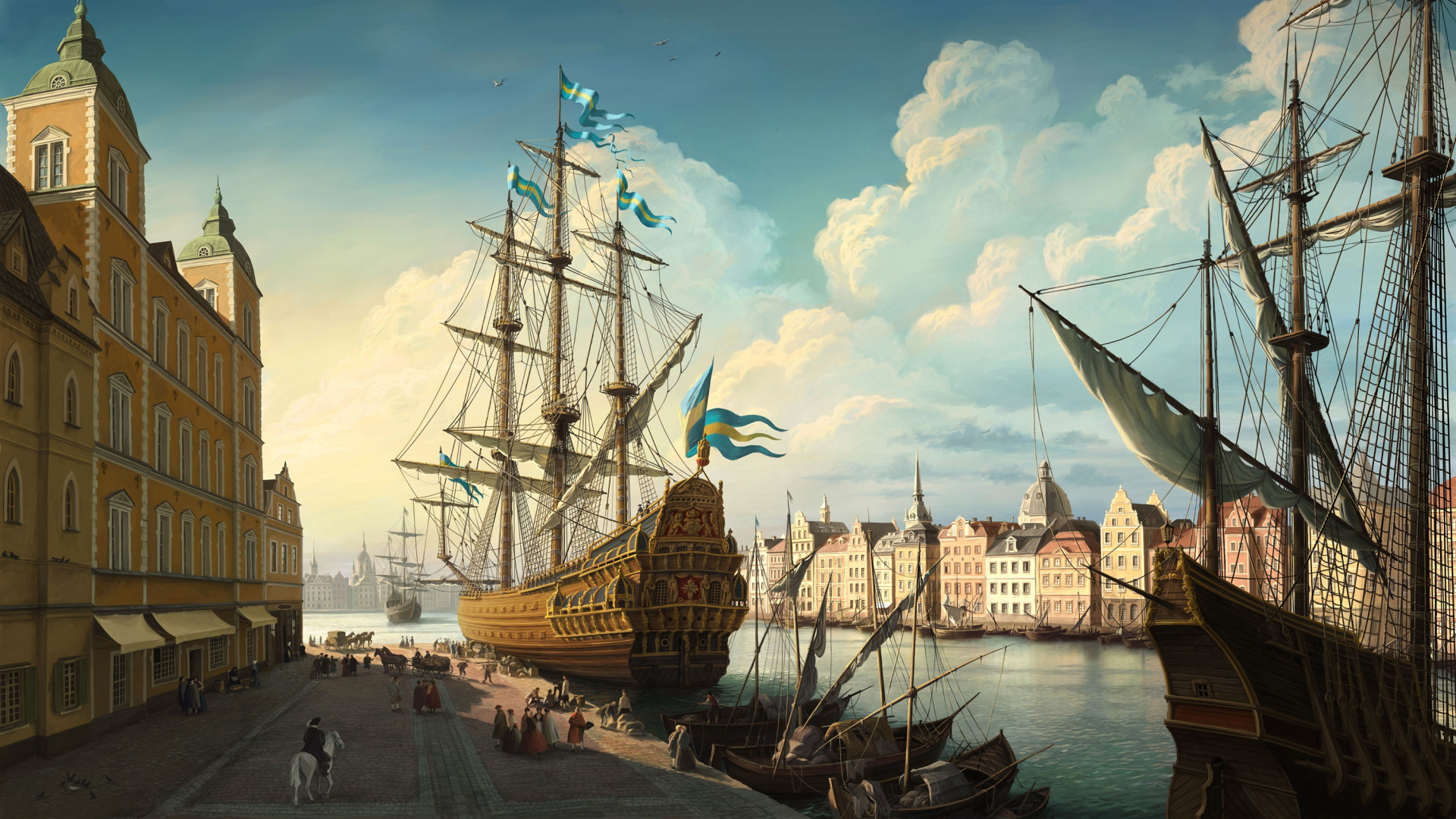 Brown and White Galleon Ship on Sea Dock Under Blue Sky During Daytime. Wallpaper in 1920x1080 Resolution