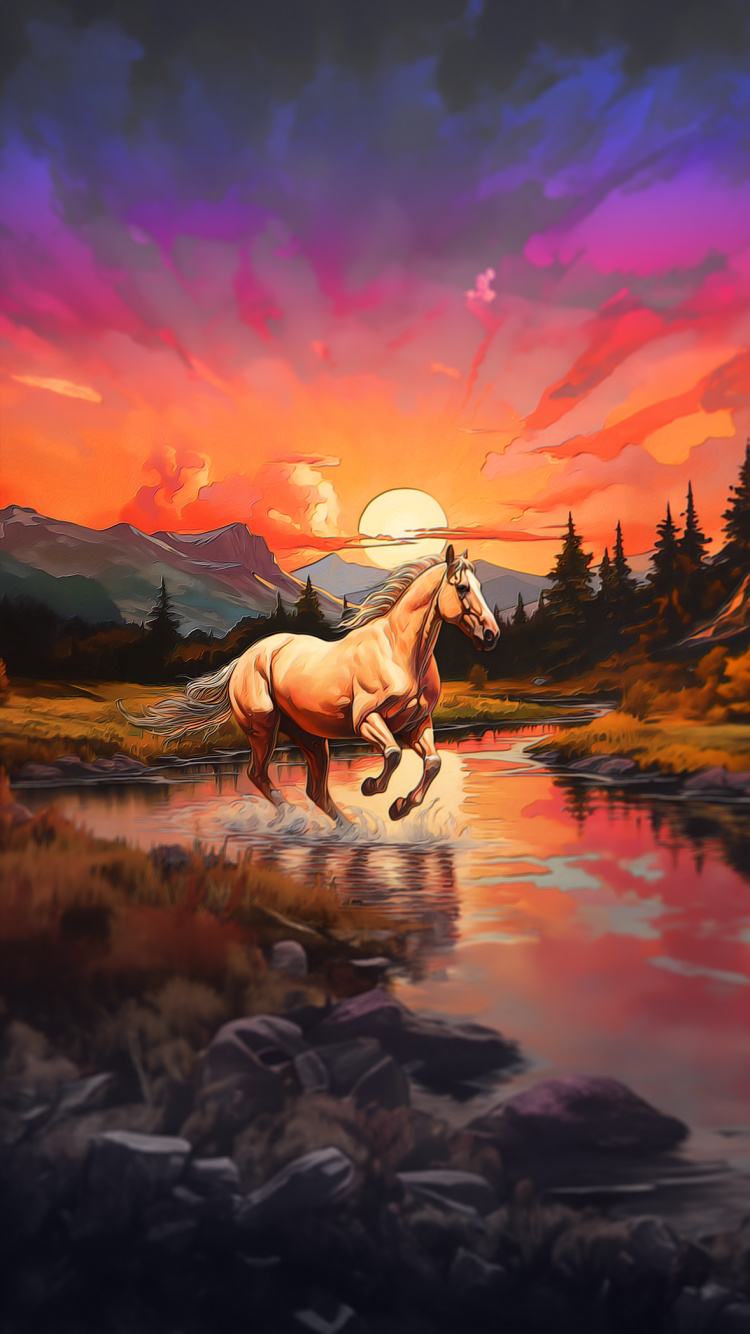 Sorrel, Mustang, Malerei, Palomino, Cloud. Wallpaper in 750x1334 Resolution