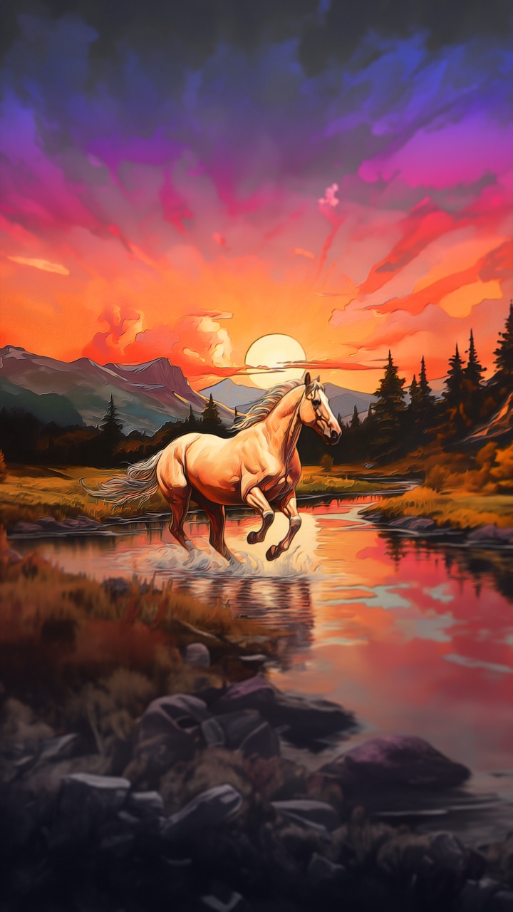 Sorrel, Mustang, Painting, Palomino, Horse. Wallpaper in 720x1280 Resolution