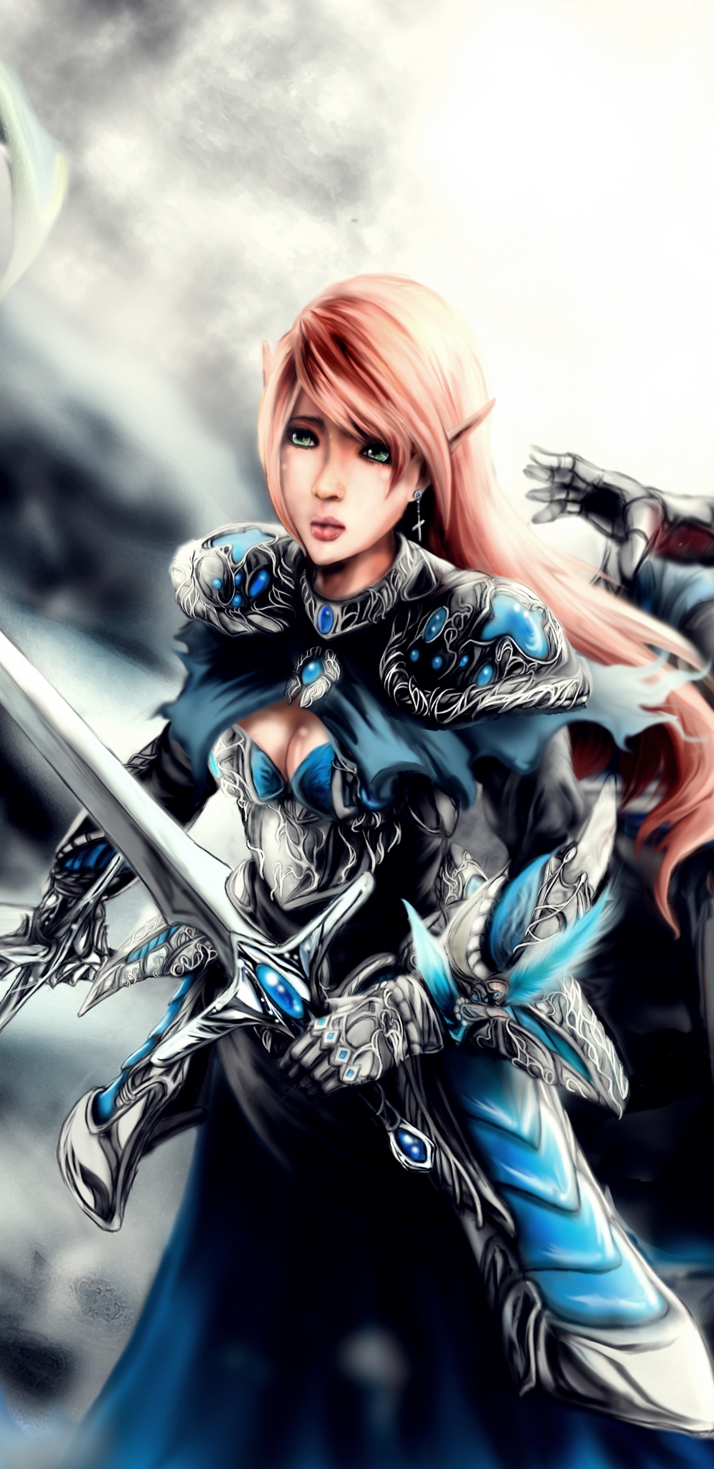 Femme en Robe Bleue et Rouge Tenant un Personnage D'anime Épée. Wallpaper in 1440x2960 Resolution