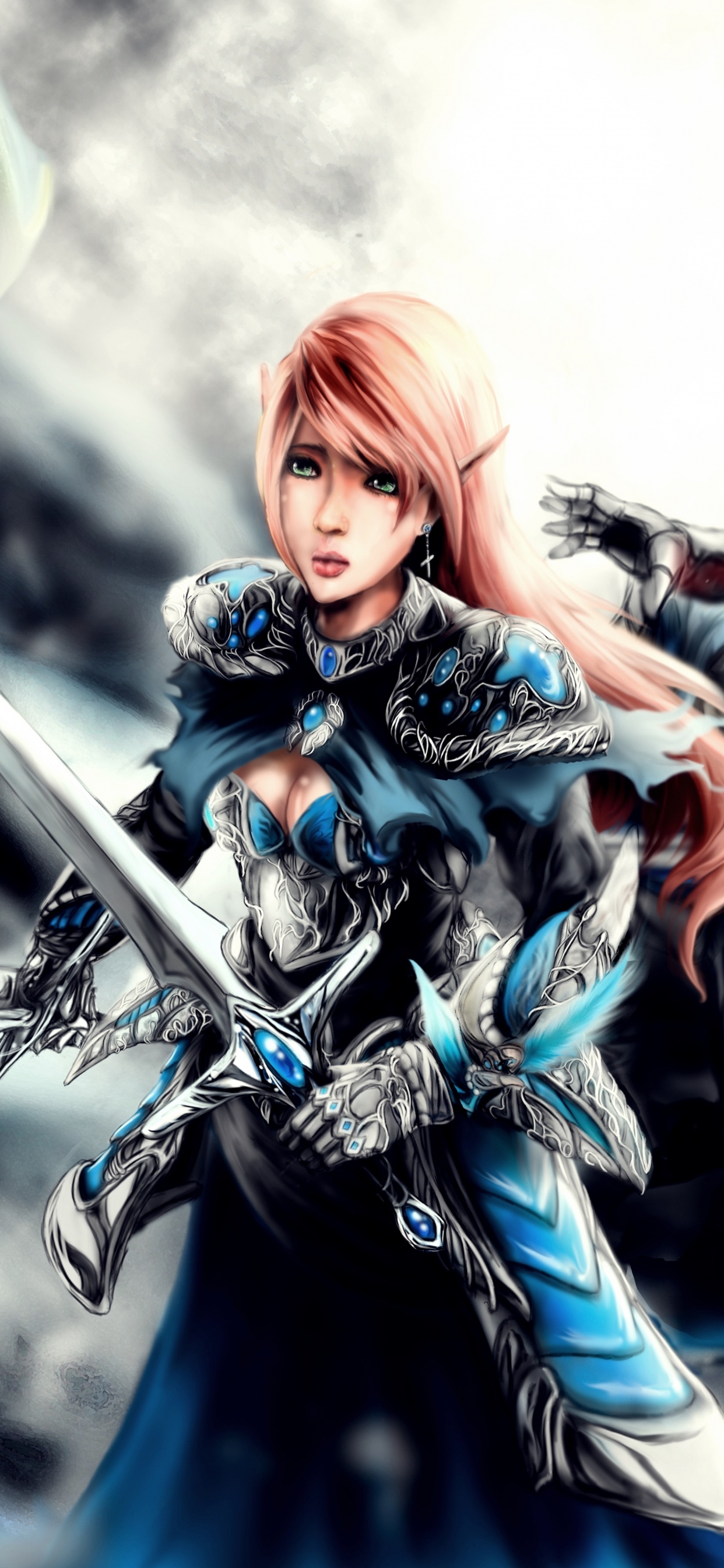 Woman in Blue and Red Dress Holding Sword Anime Character. Wallpaper in 1242x2688 Resolution