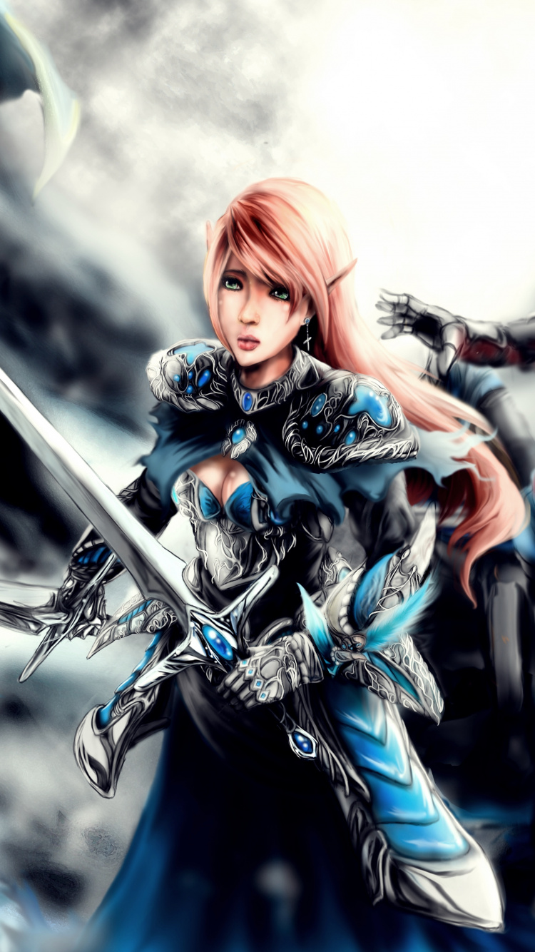 Frau in Blauem Und Rotem Kleid Mit Schwert-Anime-Charakter. Wallpaper in 750x1334 Resolution