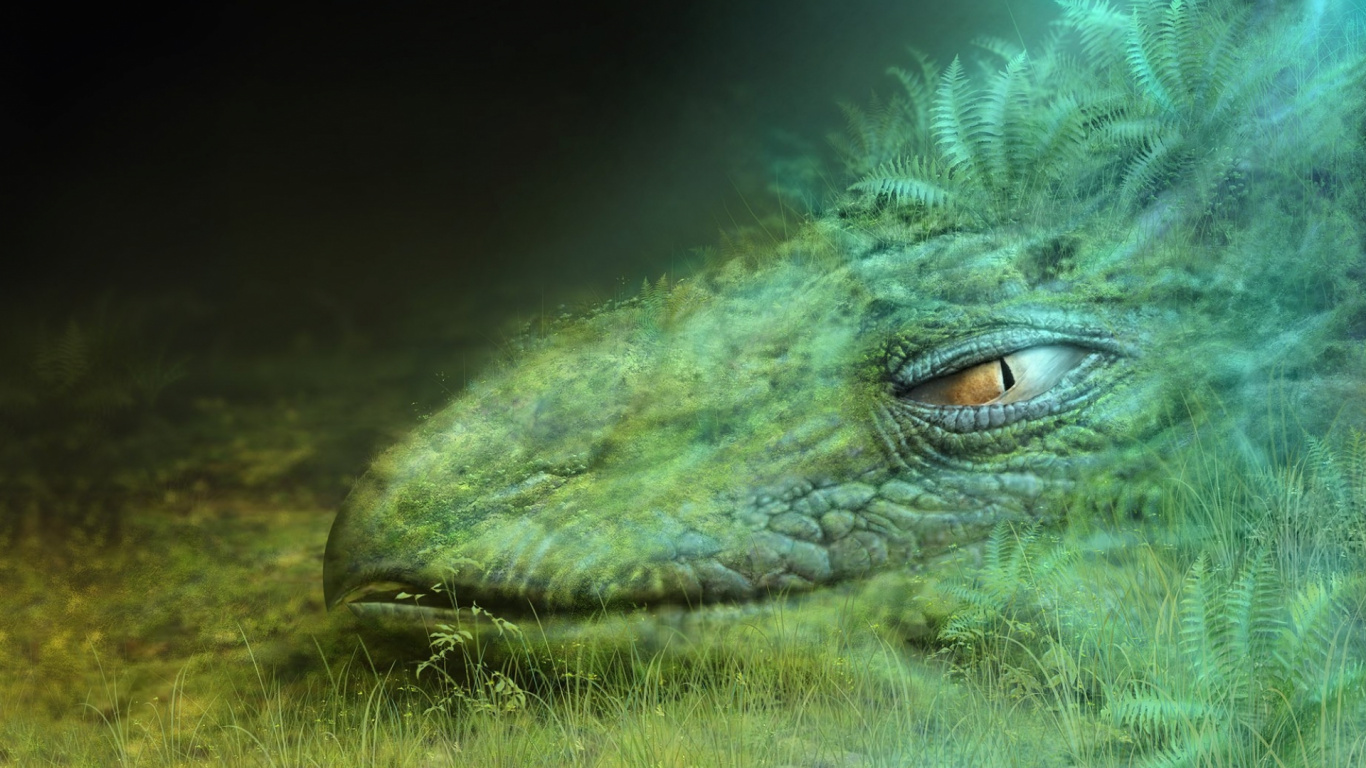 Green Crocodile on Green Grass. Wallpaper in 1366x768 Resolution