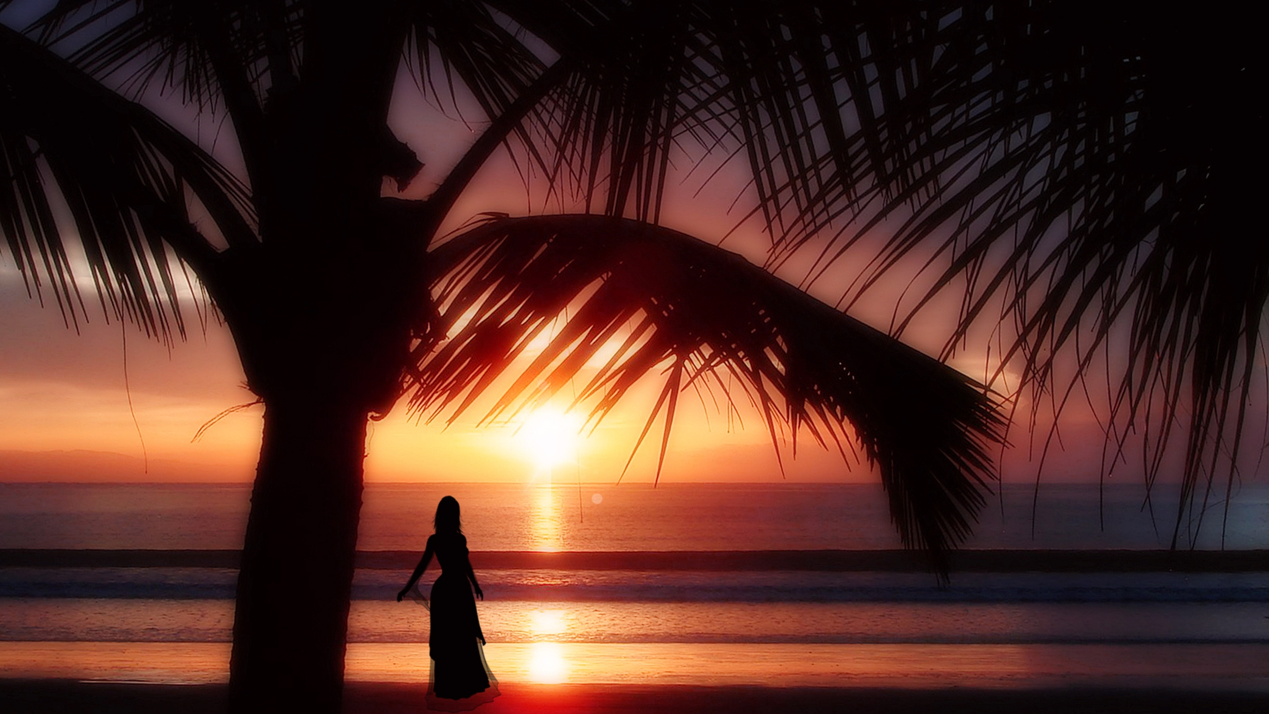 Silueta de Mujer de Pie Cerca Del Cuerpo de Agua Durante la Puesta de Sol. Wallpaper in 2560x1440 Resolution