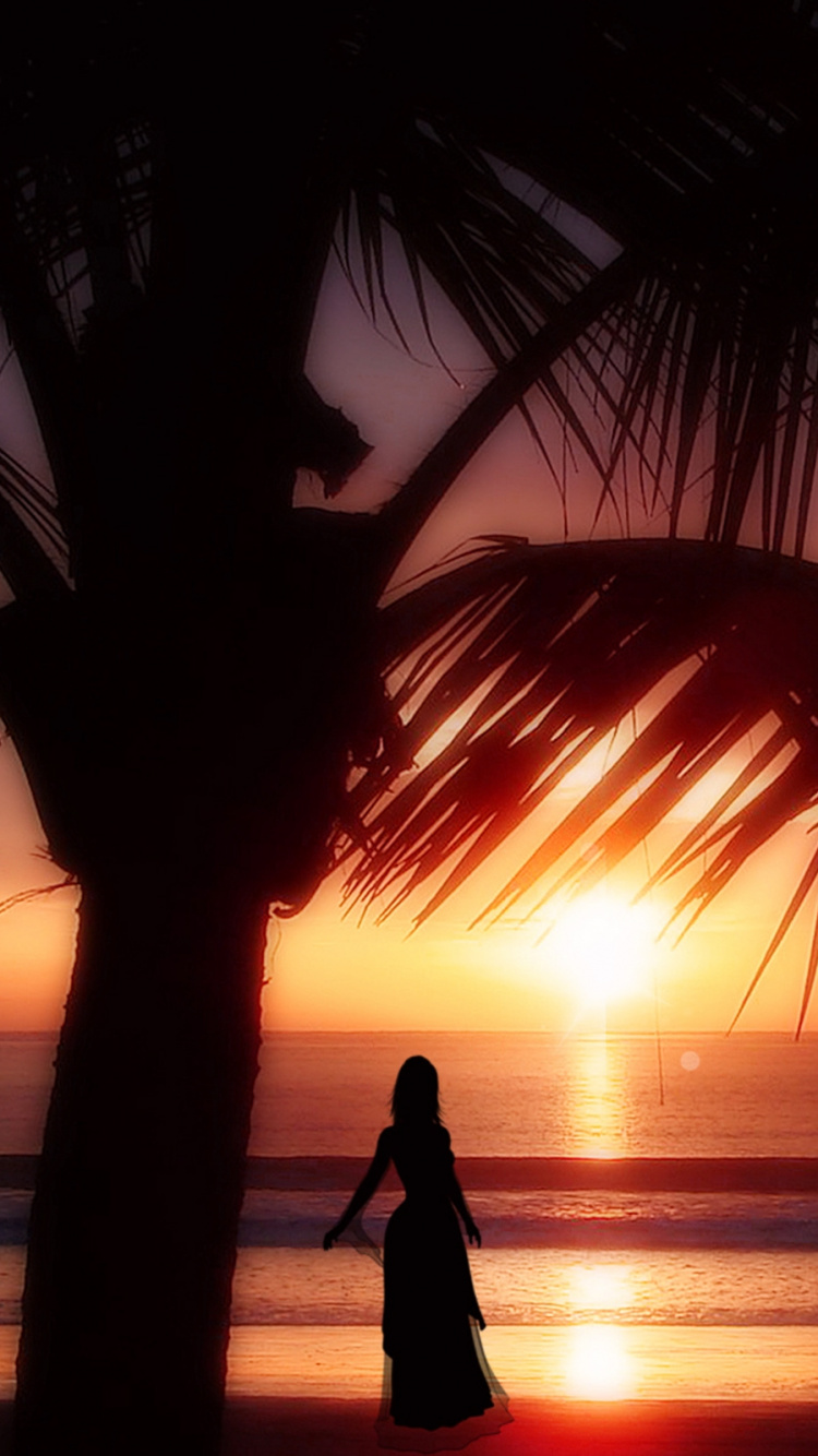 Silueta de Mujer de Pie Cerca Del Cuerpo de Agua Durante la Puesta de Sol. Wallpaper in 750x1334 Resolution