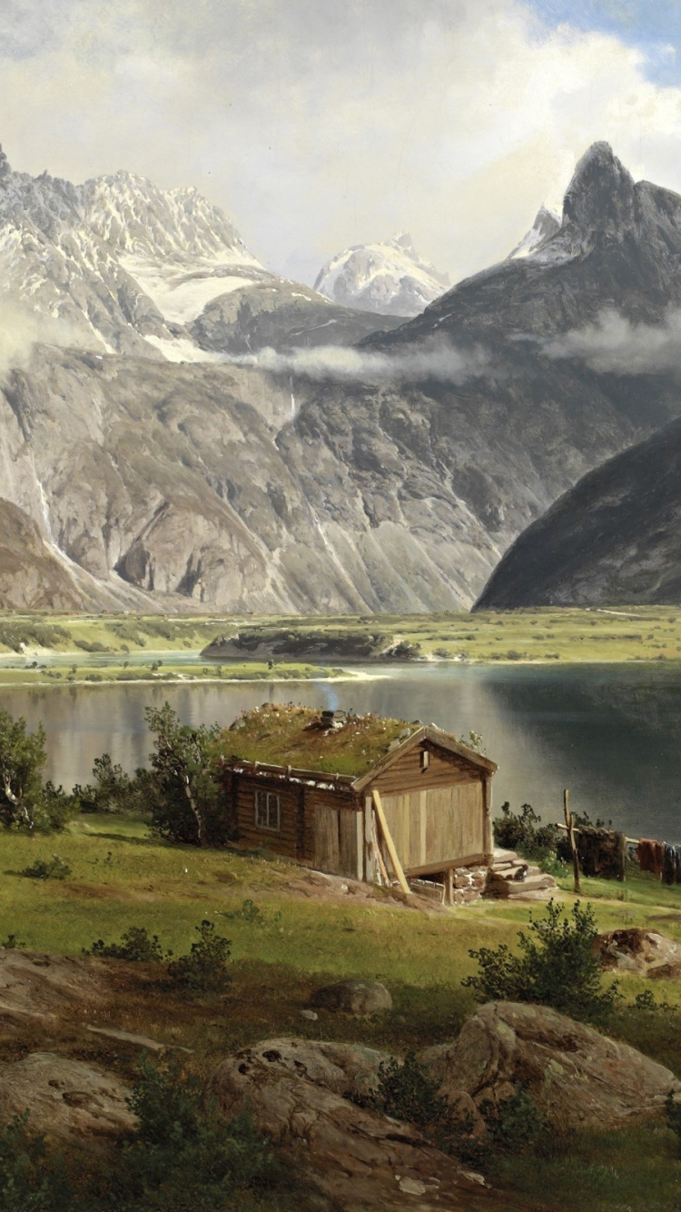 Casa de Madera Marrón Cerca Del Lago y la Montaña Cubierta de Nieve. Wallpaper in 750x1334 Resolution