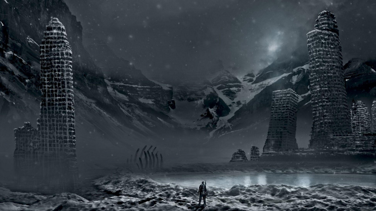 Silueta de Gente Caminando Sobre un Terreno Cubierto de Nieve Bajo la Noche Estrellada. Wallpaper in 1280x720 Resolution