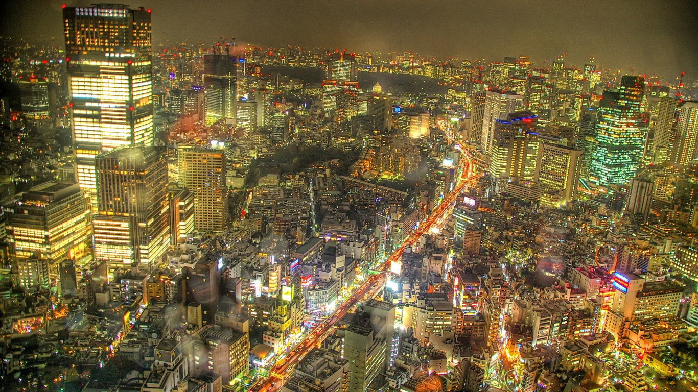 Aerial View of City During Night Time. Wallpaper in 1366x768 Resolution