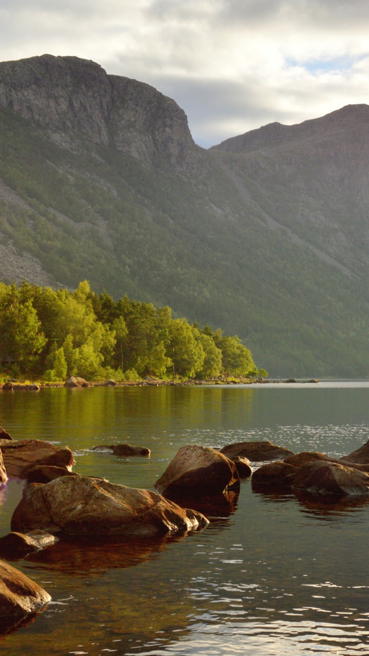 Brown Rocks on River Near Green Mountain During Daytime. Wallpaper in 750x1334 Resolution