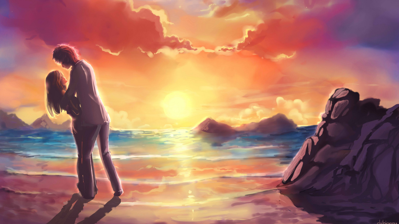 数码艺术, 人们在自然界, 浪漫, 地平线, 晚上 壁纸 1366x768 允许