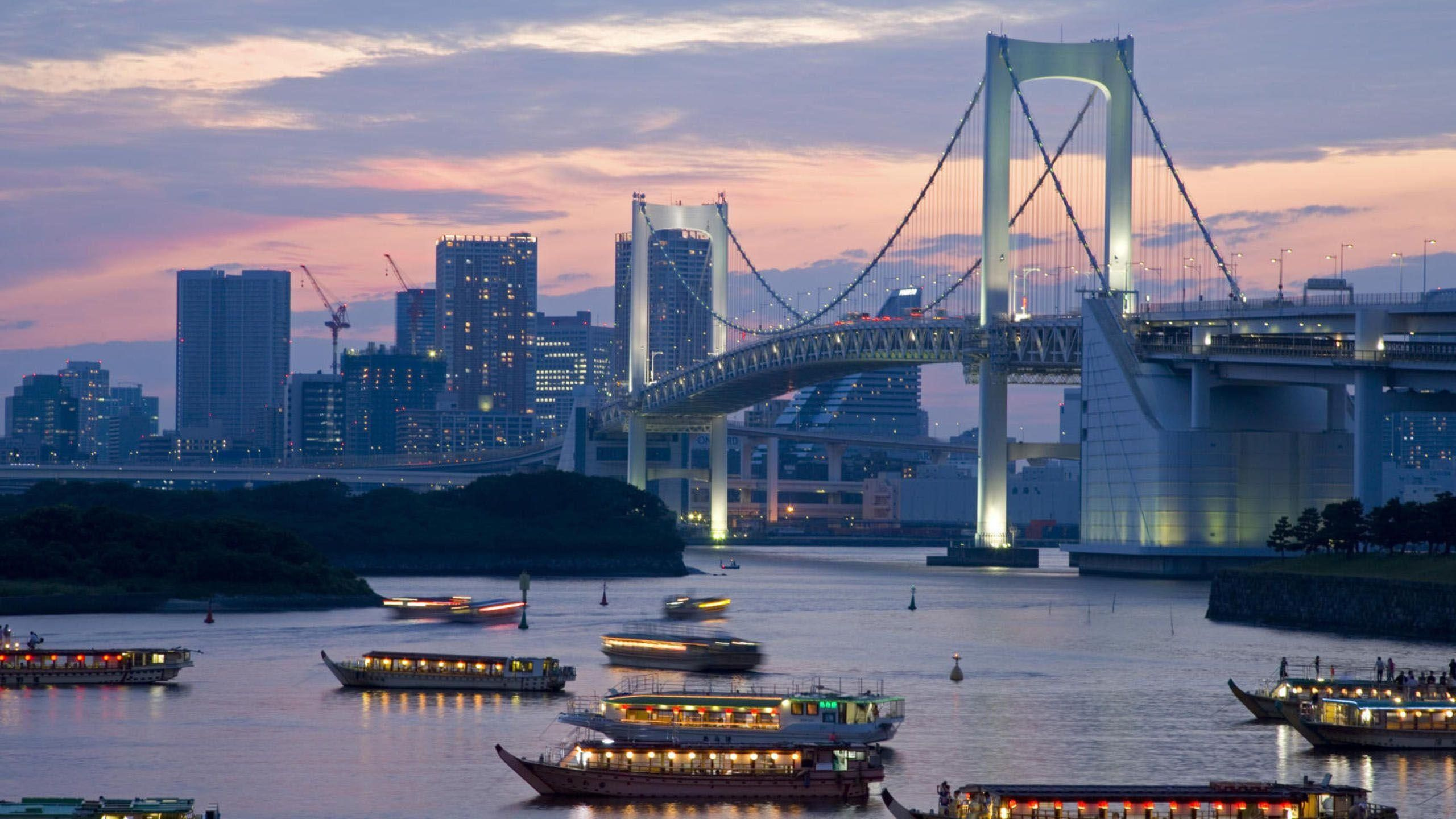 彩虹桥, 台场, 城市景观, 城市, 天际线 壁纸 2560x1440 允许